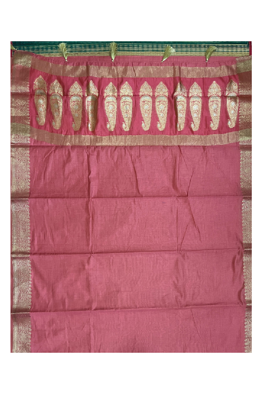 Southloom Cotton Plain Brick Red Saree with Kasavu Woven Border