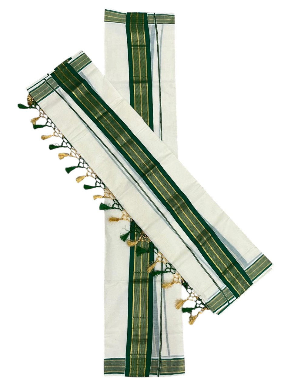 Southloom Kerala Cotton Kasavu Single Set Mundu (Mundum Neriyathum) with Green and Gold Kasavu Lines .SLKK SL518