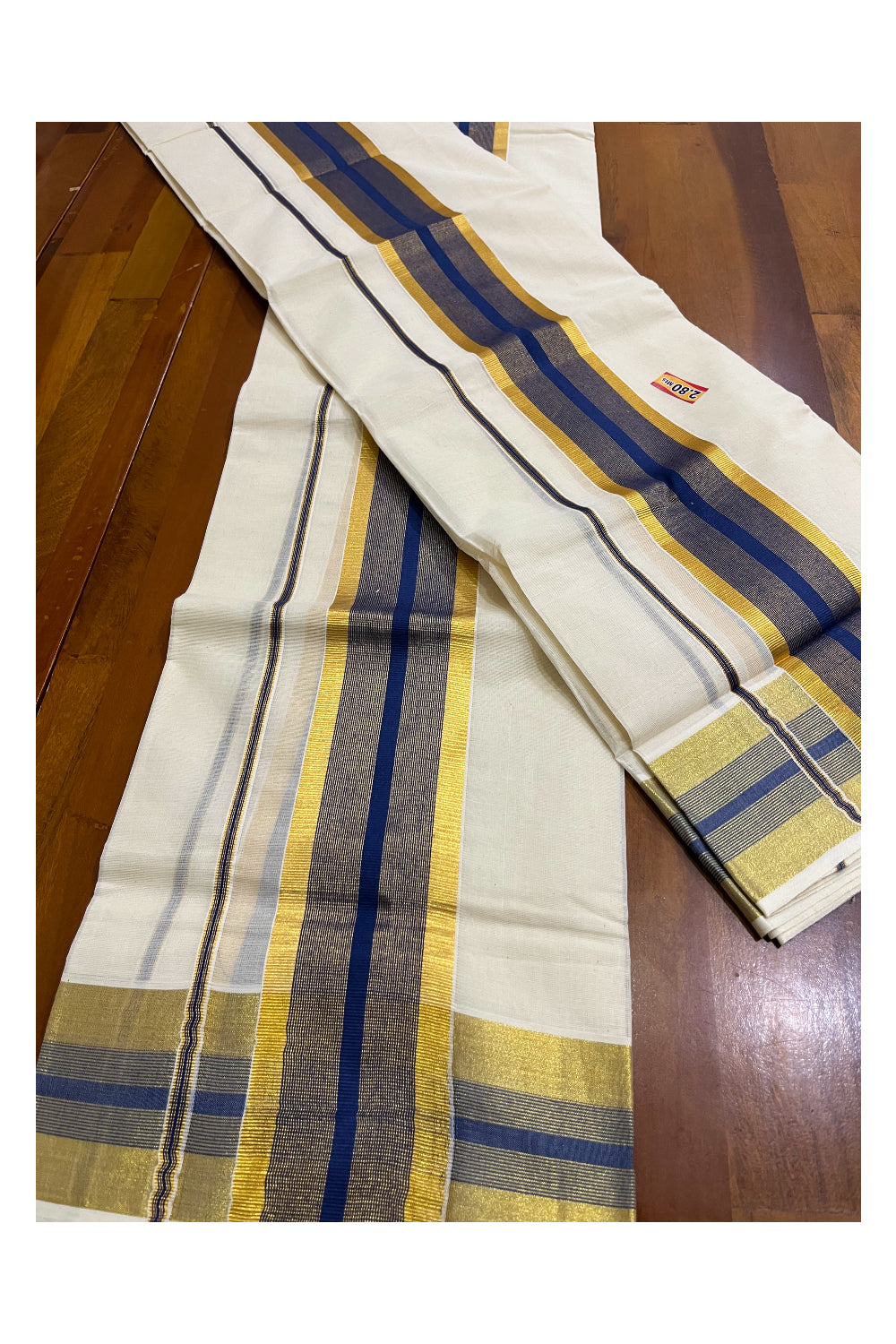 Kerala Cotton Set Mundu (Mundum Neriyathum) with Blue and Kasavu Border 2.80 Mtrs