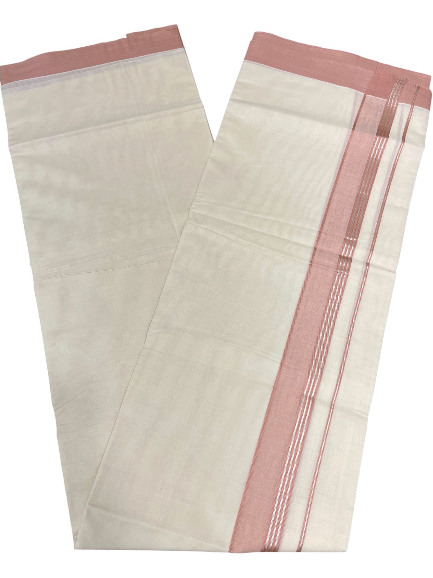 Southloom Kerala Pure Cotton Double Mundu with Peach And Silver Lines Border (South Indian Dhoti)