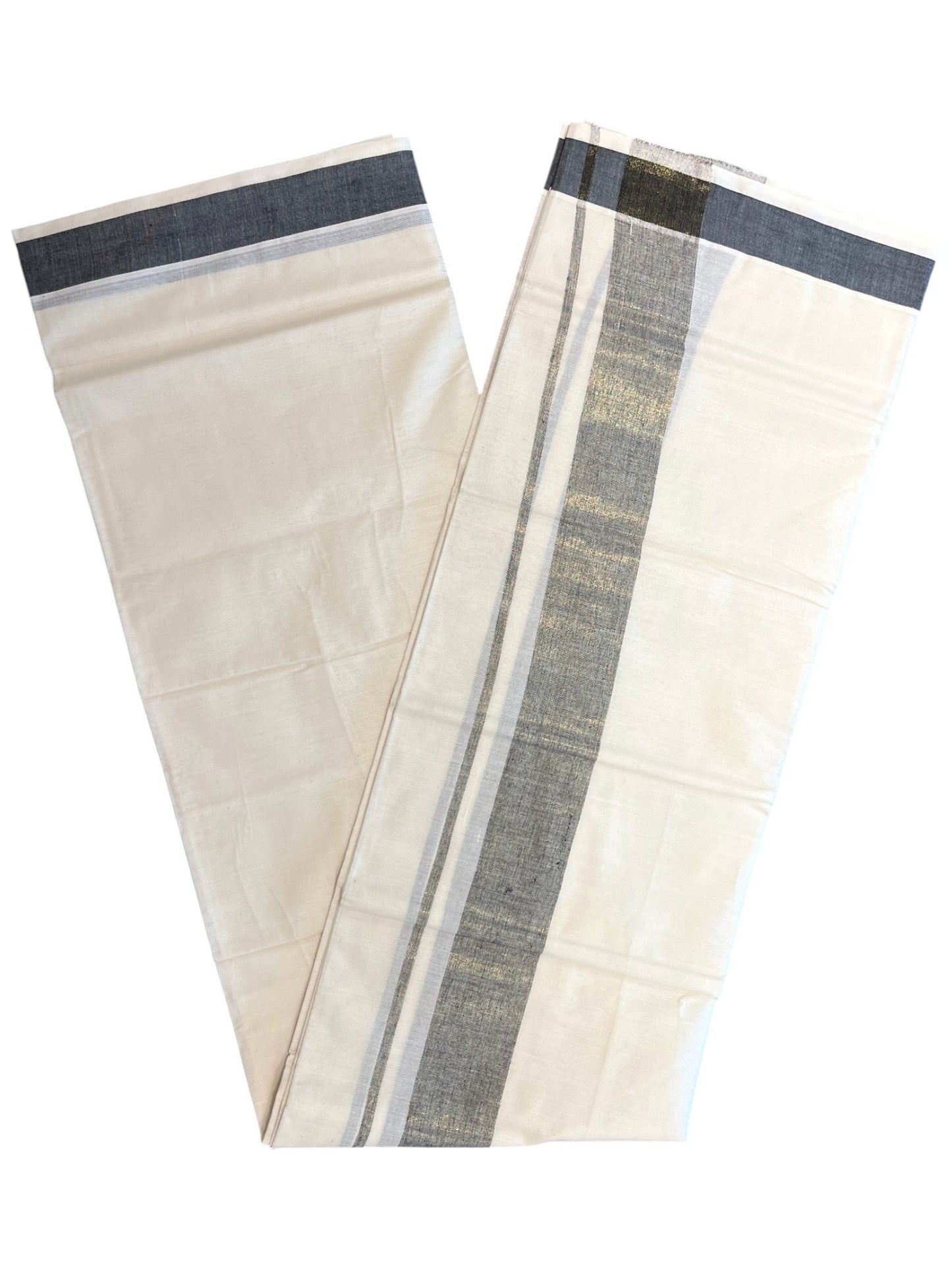 Southloom Kerala Pure Cotton Double Mundu with Grey Lines & Black Border (South Indian Dhoti)