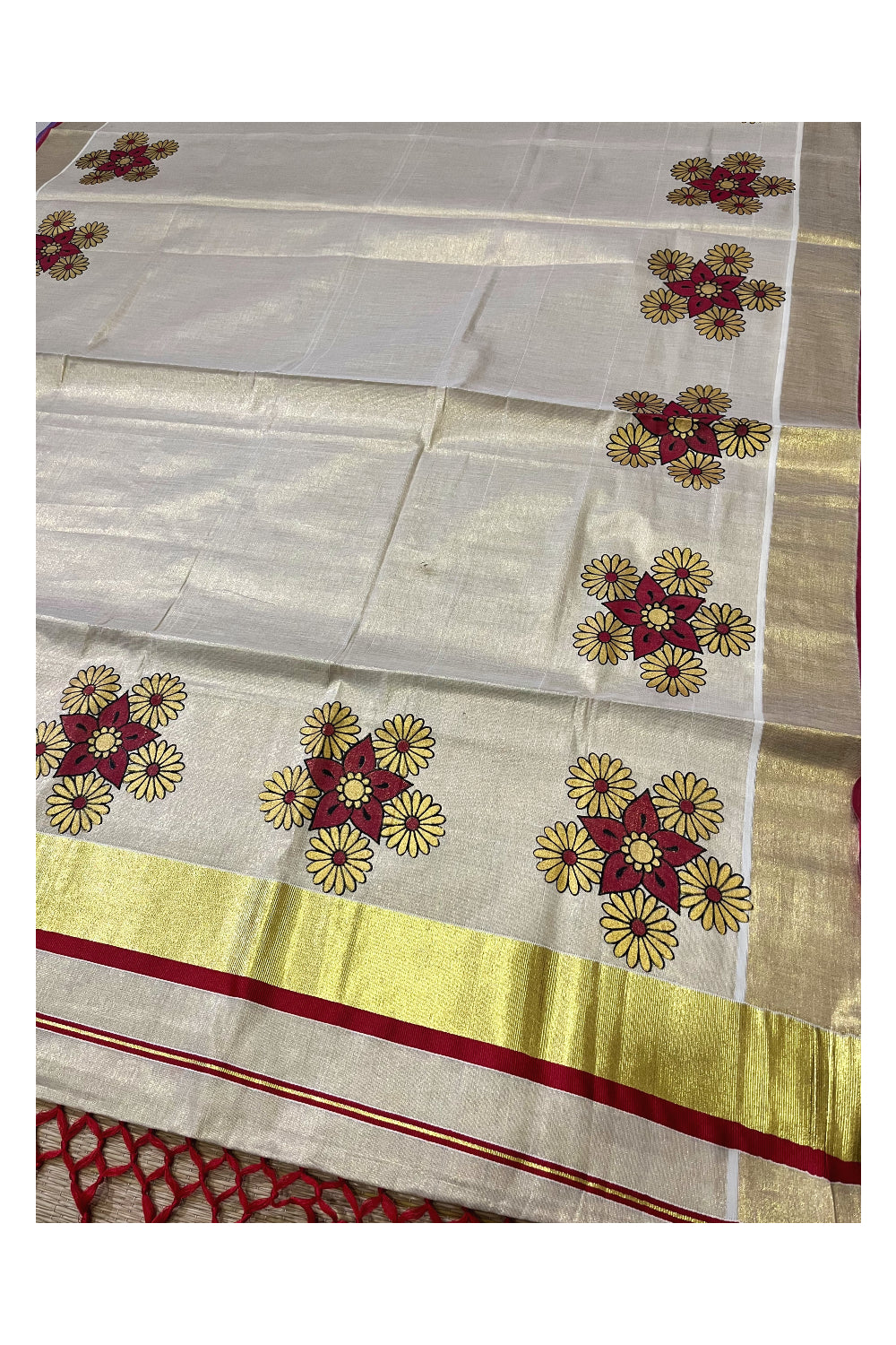 Kerala Tissue Kasavu Saree with Mural Floral Printed Design and Red Border