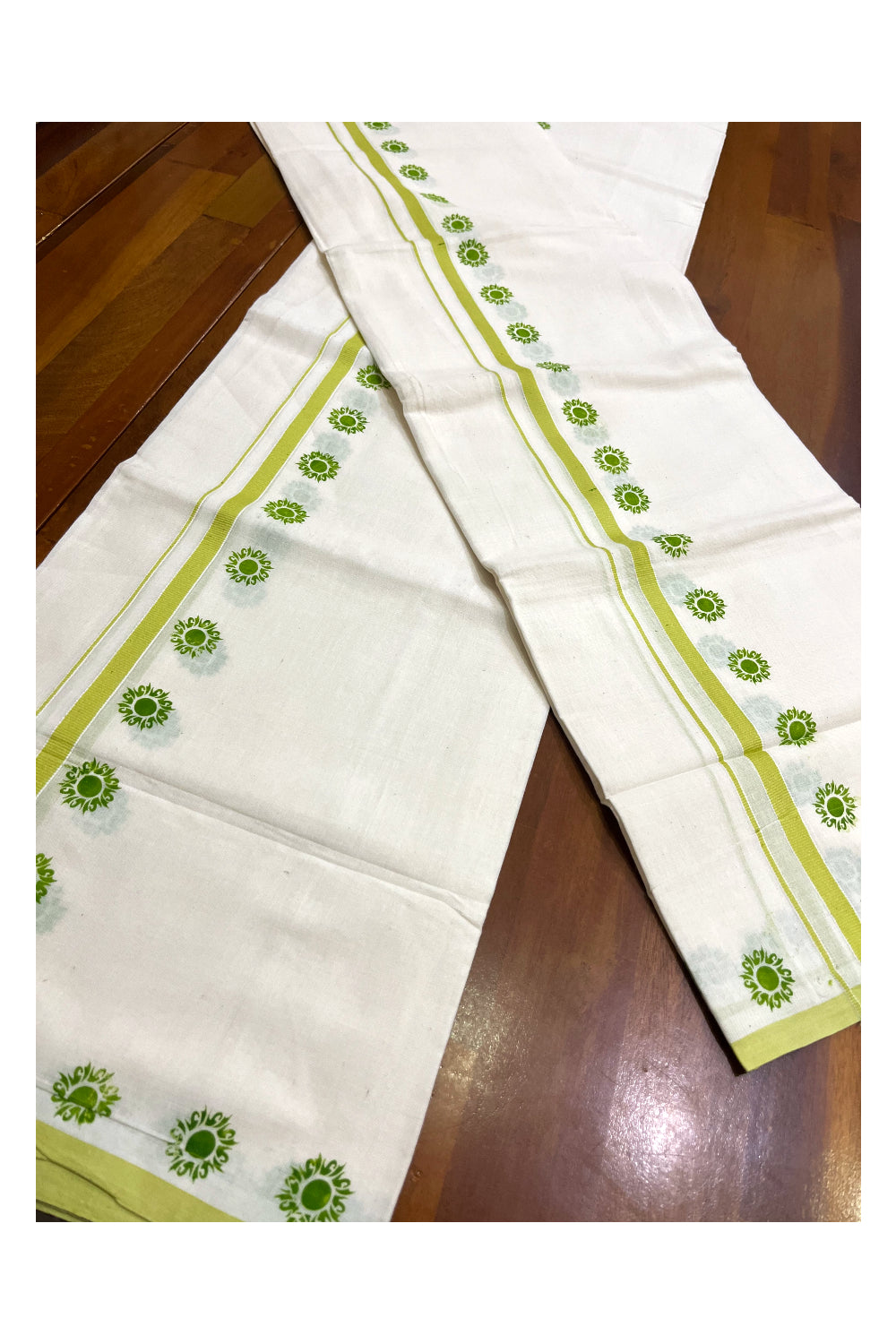 Kerala Pure Cotton Set Mundu Single (Mundum Neriyathum) with Light Green Floral Block Prints