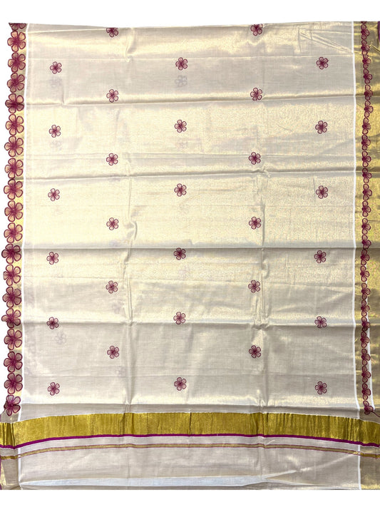 Southloom Kerala Tissue Kasavu Saree with Magenta Floral Embroidery on Body and Border