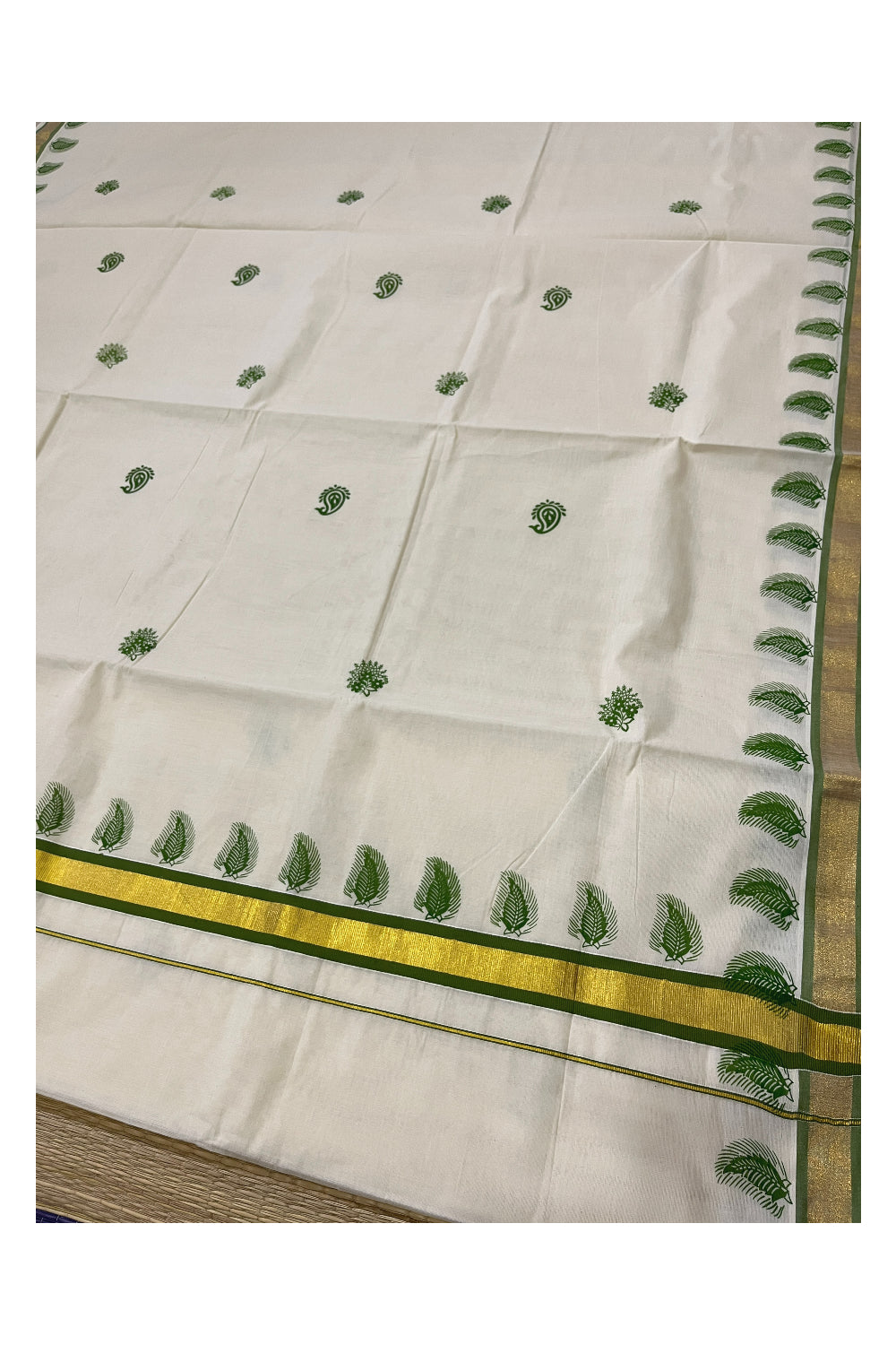 Pure Cotton Kerala Kasavu Saree with Green Floral Block Printed Design