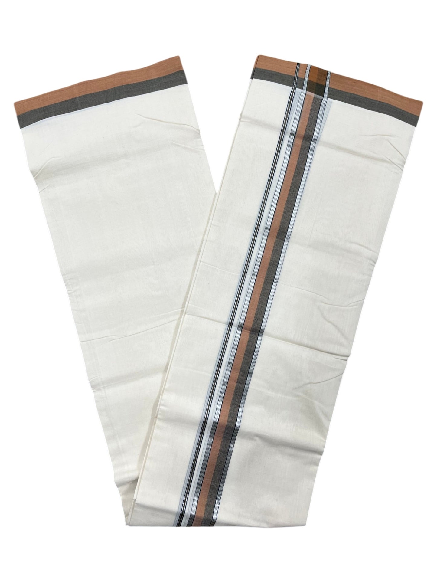 Southloom Premium Handloom Cotton Double Mundu with Brown and Green Kasavu Border