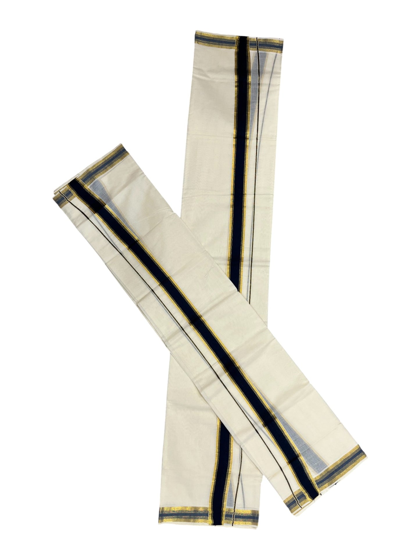 Kerala Cotton Set Mundu (Mundum Neriyathum) with Kasavu and Blue Border