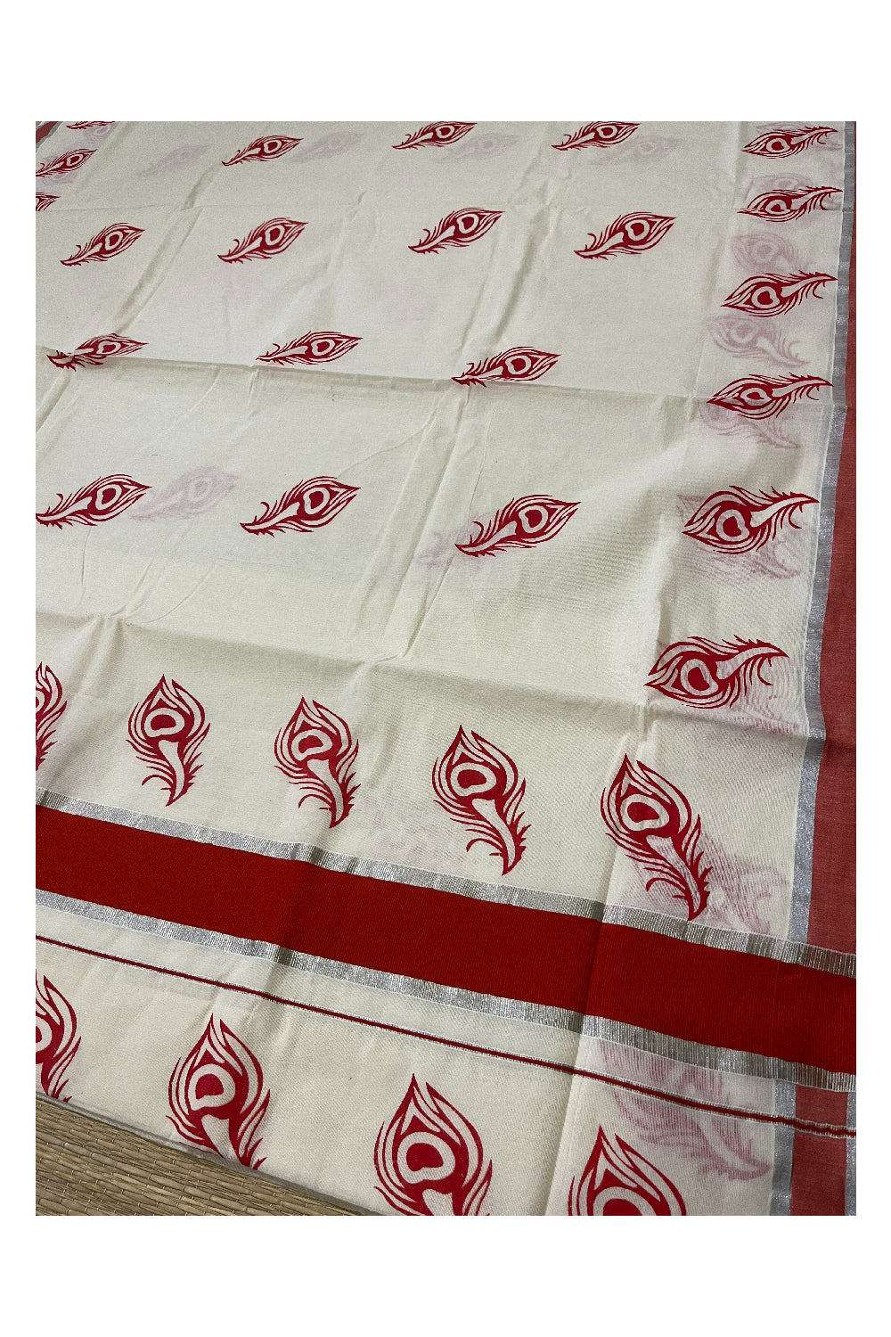 Pure Cotton Off White Kerala Saree with Orange Feather Block Printed Silver Border