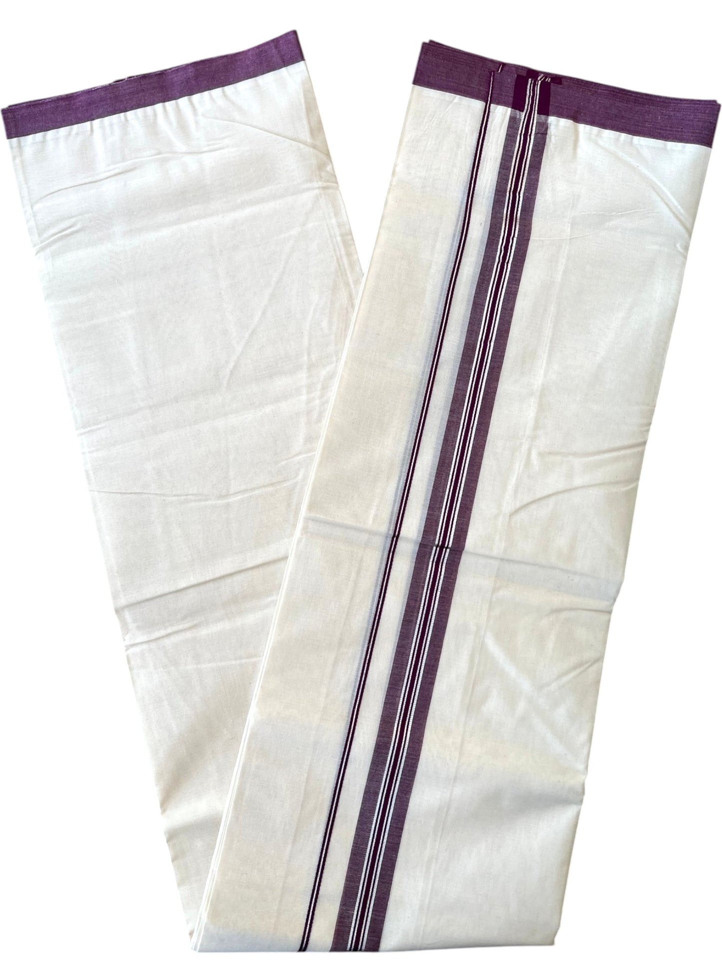 Southloom Pure Cotton Mundu with Silver Lines and Purple Border (South Indian Kerala Dhoti)