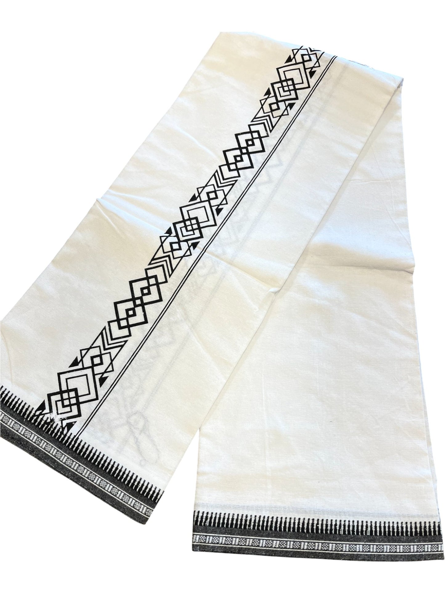Southloom Off White And Black Printed Single Mundu / Otta Mundu / Lungi (South Indian Kerala Dhoti)