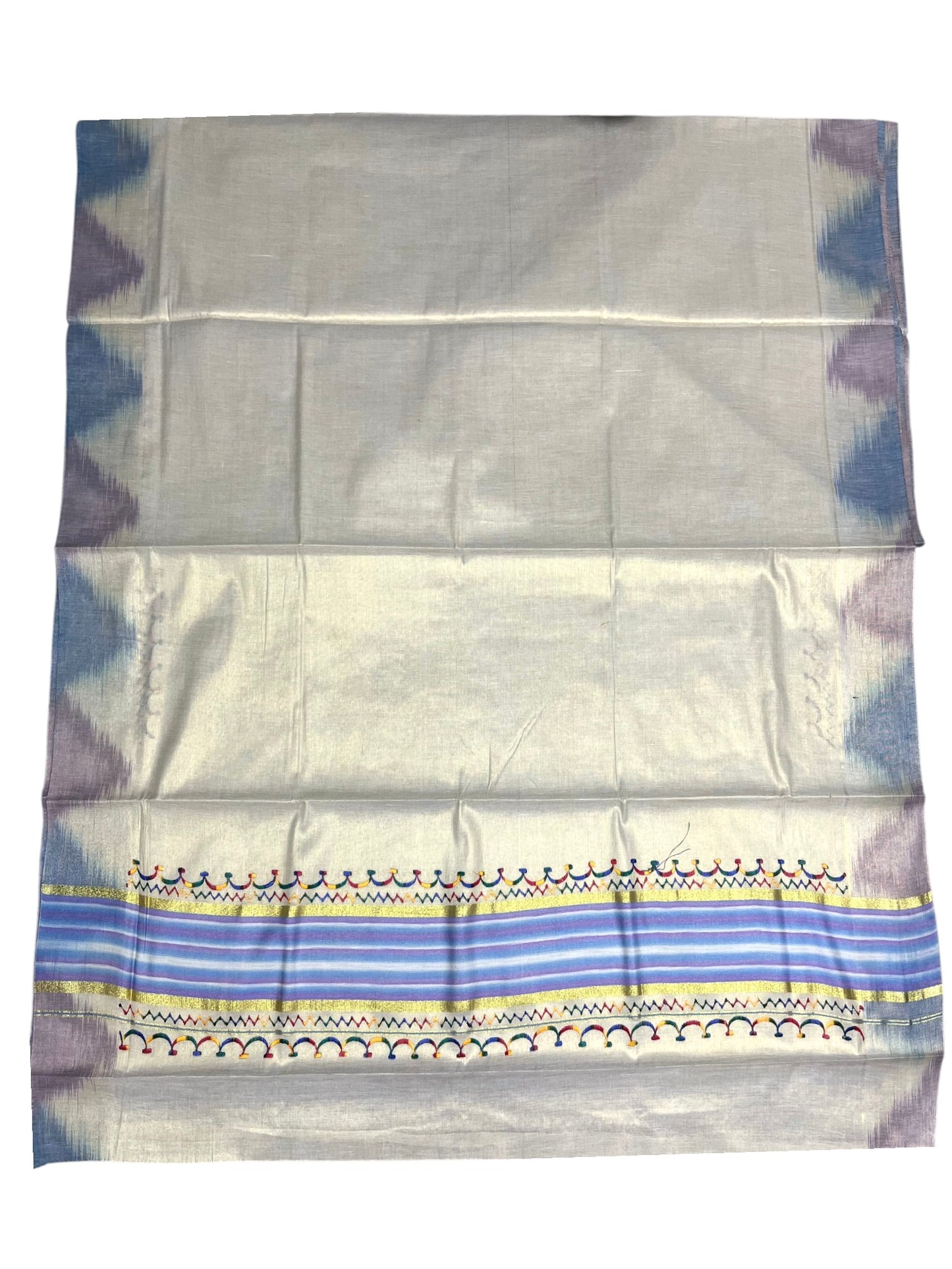 Southloom Kerala Tissue Kasavu Saree with Multi Colour Pochampally Design on Borders and Kara