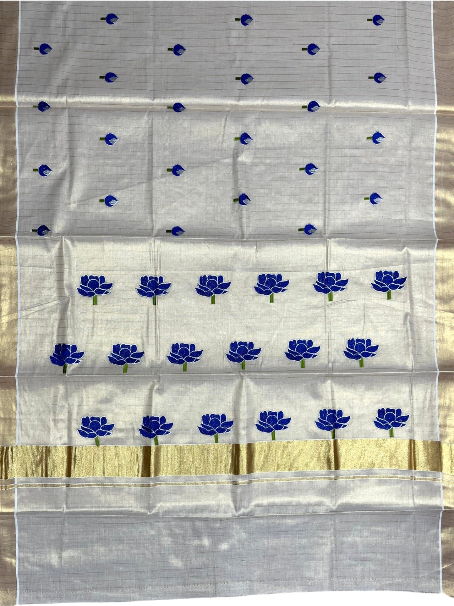 Southloom Kerala Tissue Kasavu Saree with Blue Lotus Embroidery Design SL289