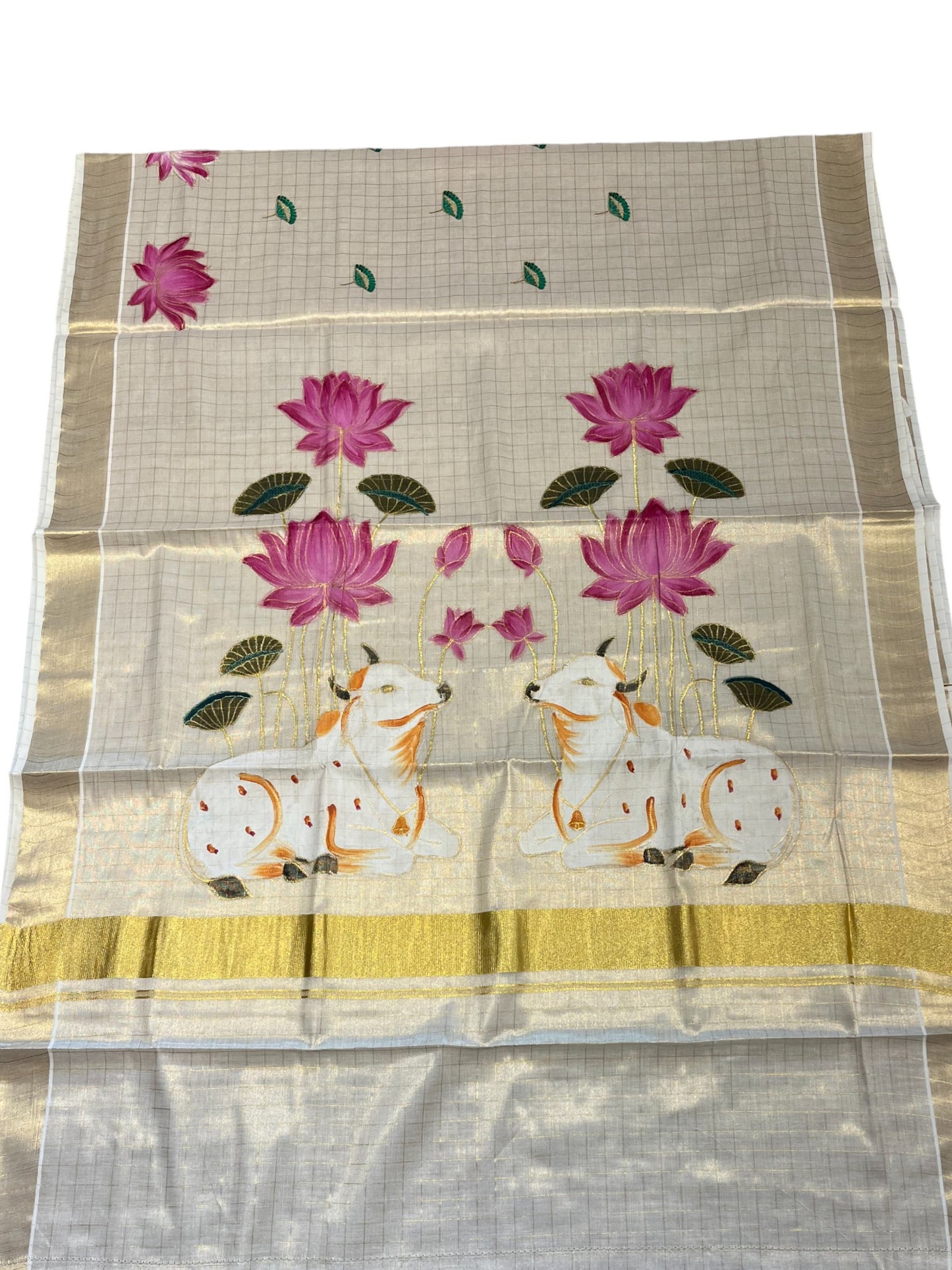 Southloom Tissue Kerala Kasavu Saree with Check Hand Painted Embroidery Nandi and Lotus Design