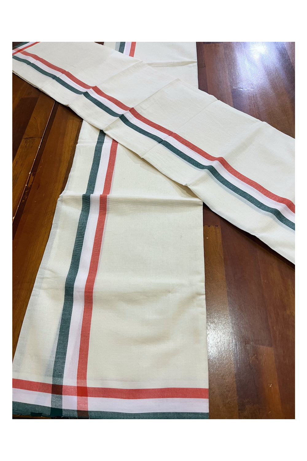 Kerala Cotton Mulloth Mundum Neriyathum Single (Set Mundu) with Green White Orange Border (Extra Soft Cotton) 2.80 Mtrs