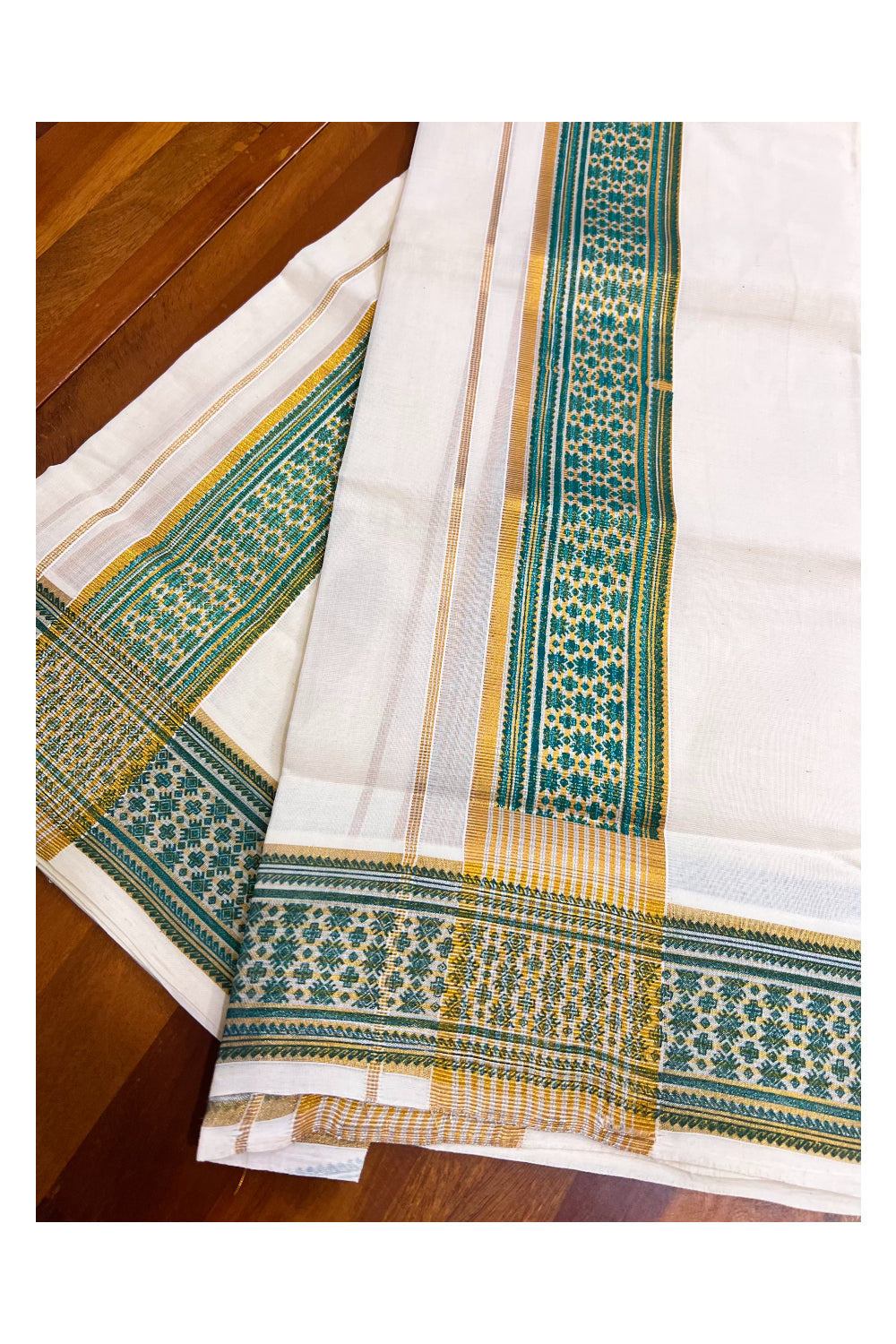 Kerala Pure Cotton Set Mundu Single (Mundum Neriyathum) with Green Block Prints on Kasavu Border