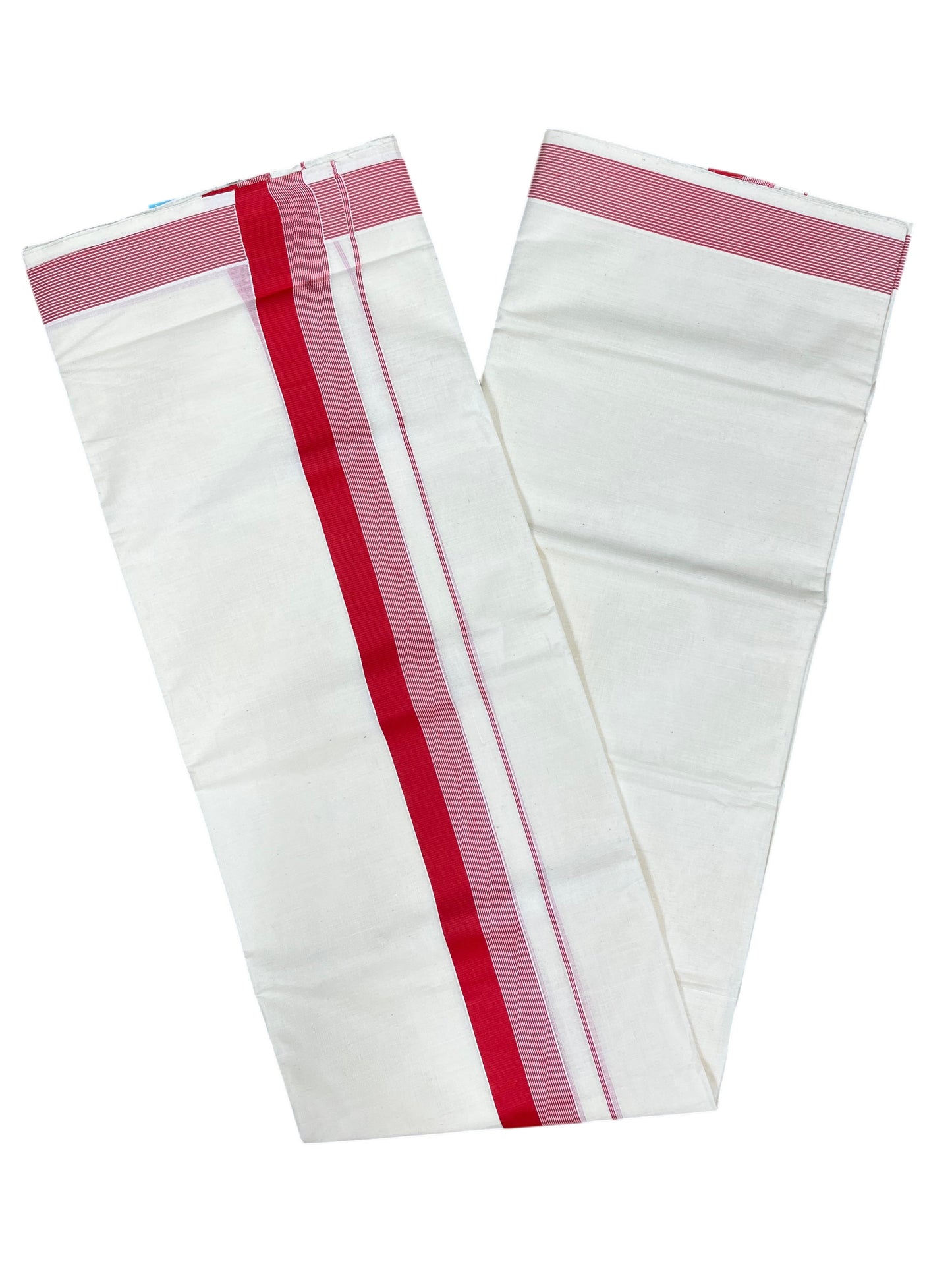 Southloom Kerala Pure Cotton Double Mundu with Red Lines And Red Border (South Indian Kerala Dhoti)