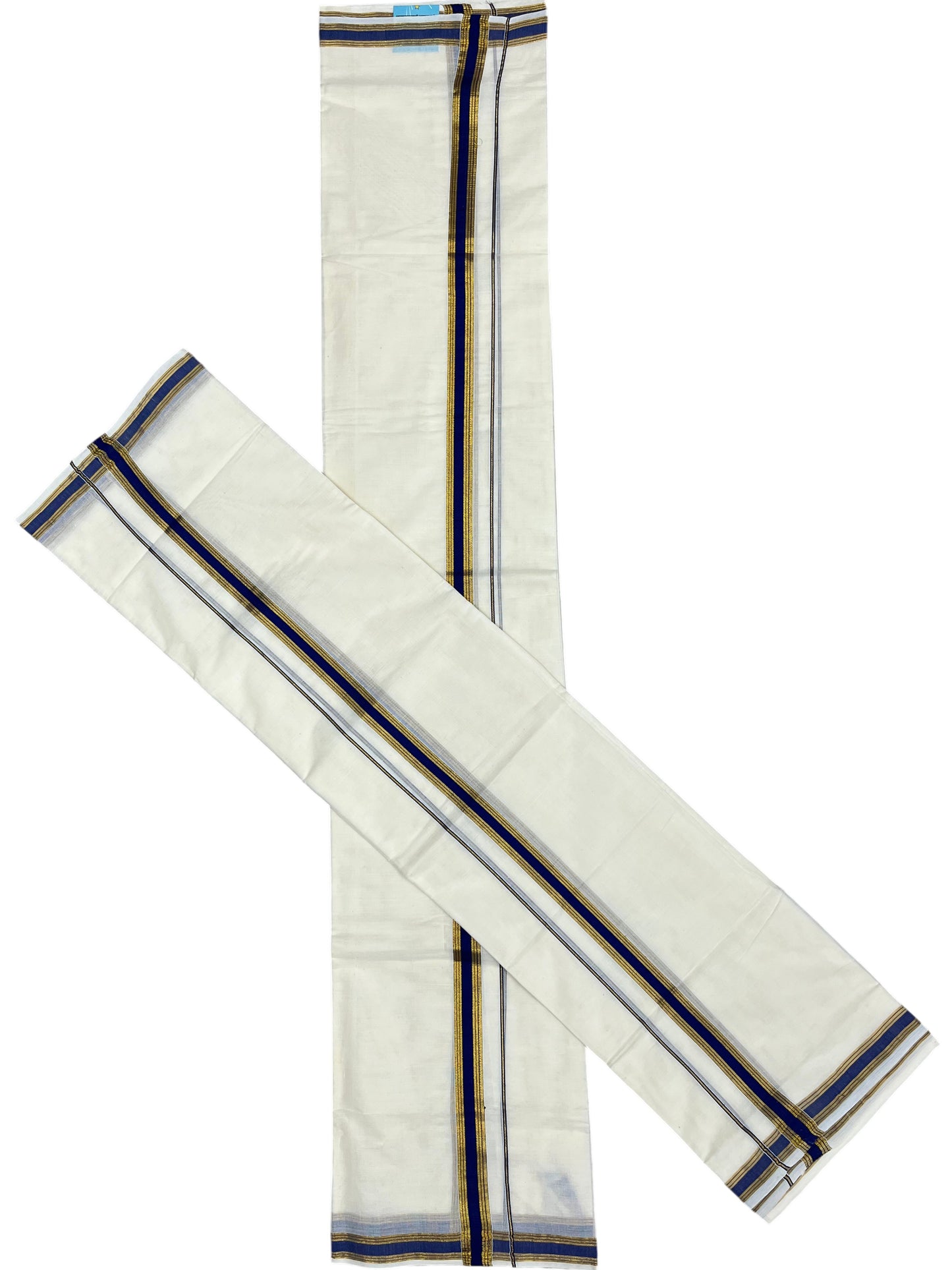 Southloom Pure Cotton Kerala Single Set Mundu (Mundum Neriyathum) with Blue Kasavu Border in 2.80 Mtrs