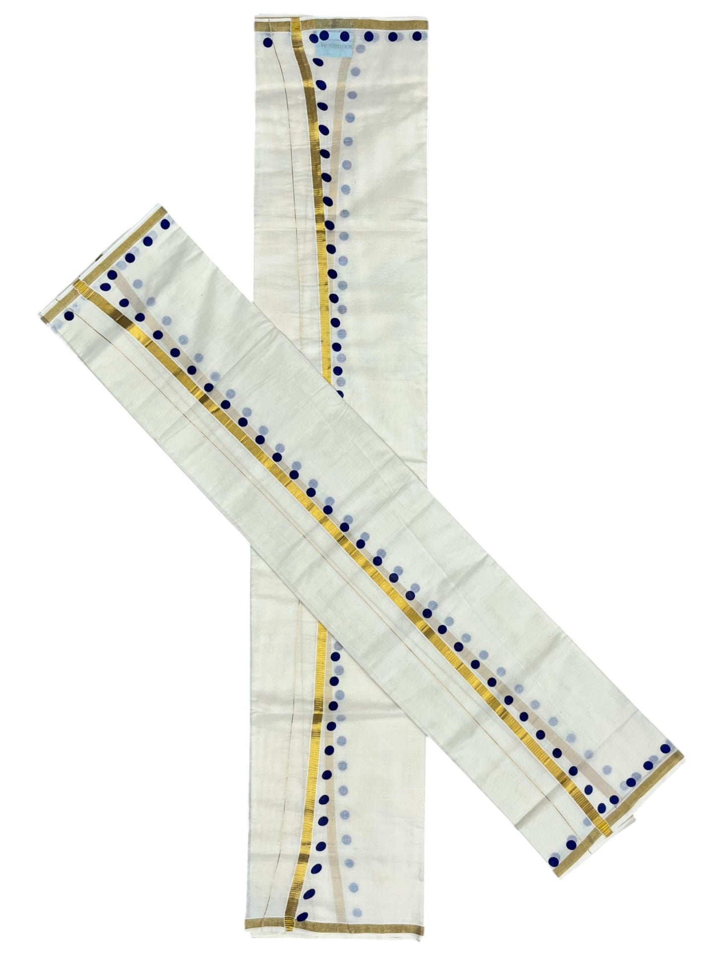 Southloom Pure Cotton Kerala Single Set Mundu (Mundum Neriyathum) with Polka Dots in Blue 2.80 Mtrs