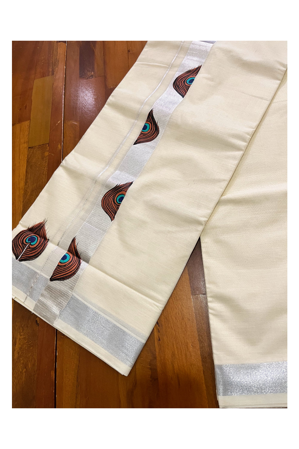 Pure Cotton Kerala Double Mundu with Silver Kasavu Hand Painted Design Border (South Indian Kerala Dhoti)