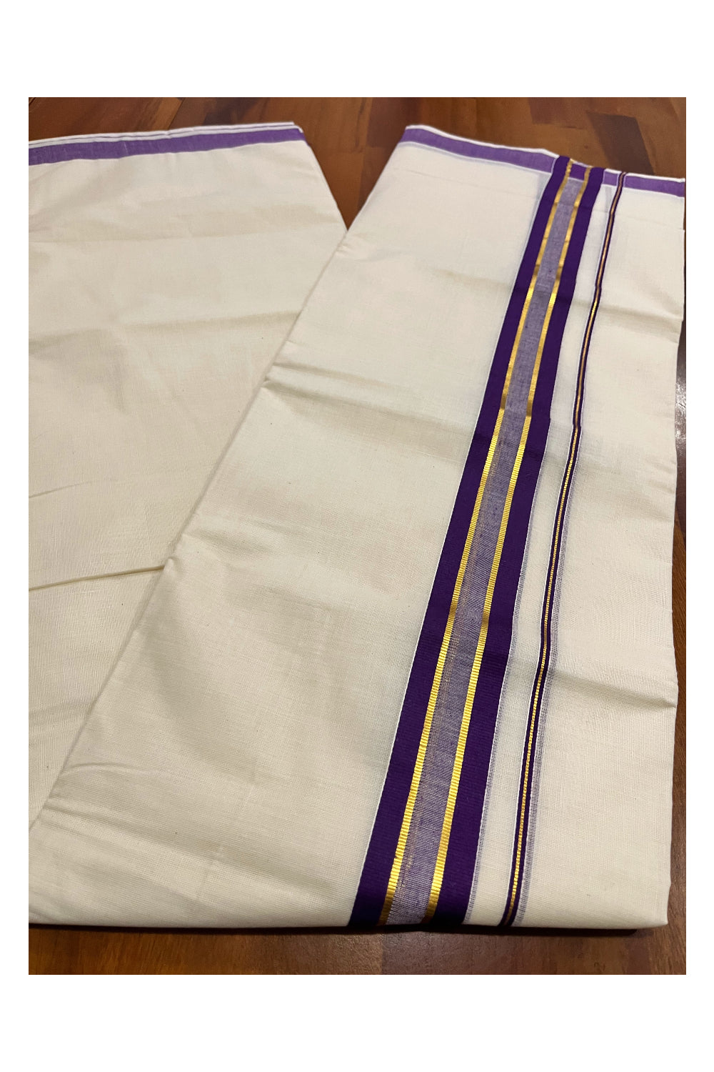 Kerala Pure Cotton Double Mundu with Violet and Kasavu Border (South Indian Kerala Dhoti)