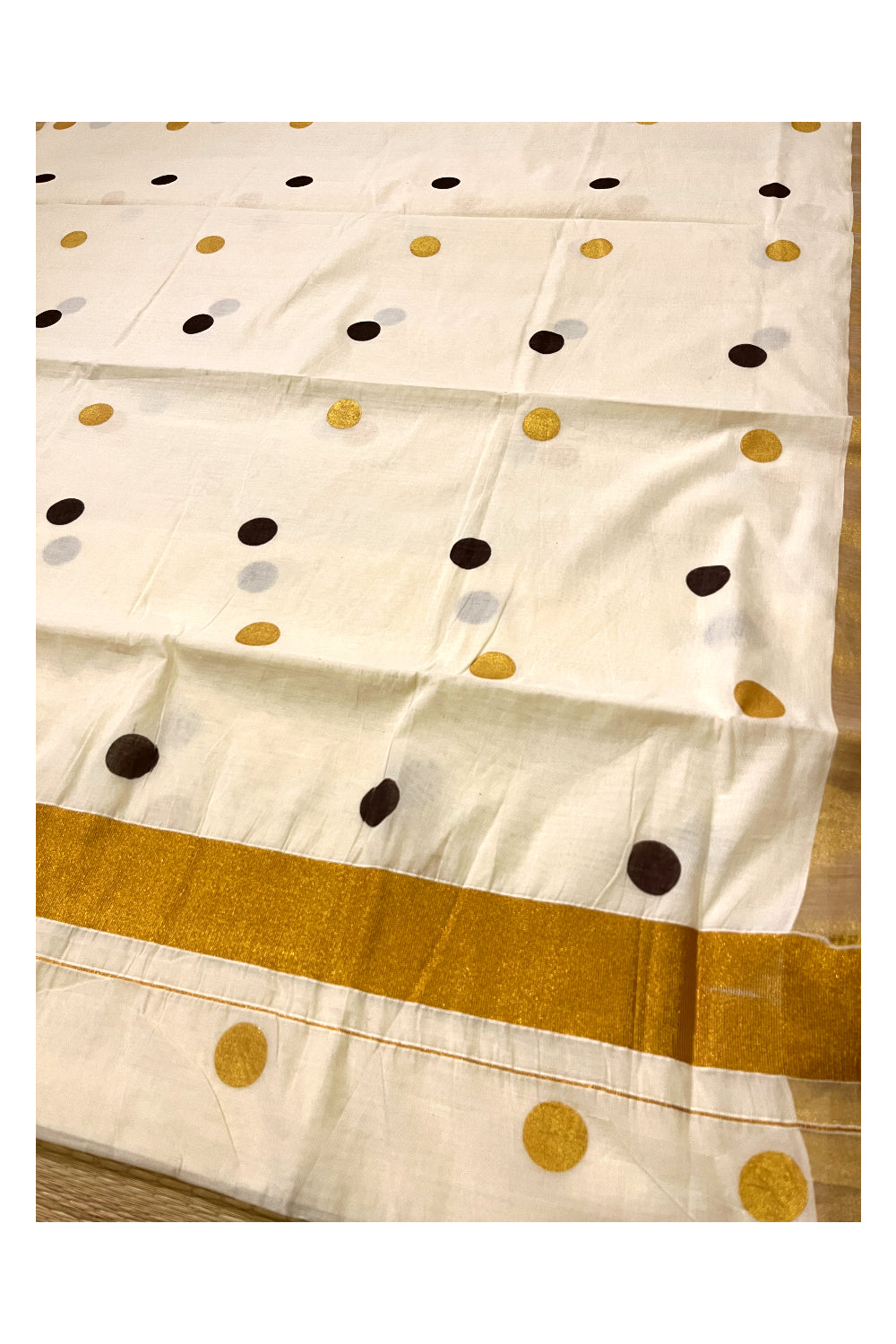 Pure Cotton Off White Kerala Kasavu Saree with Brown and Golden Polka Block Printed Design