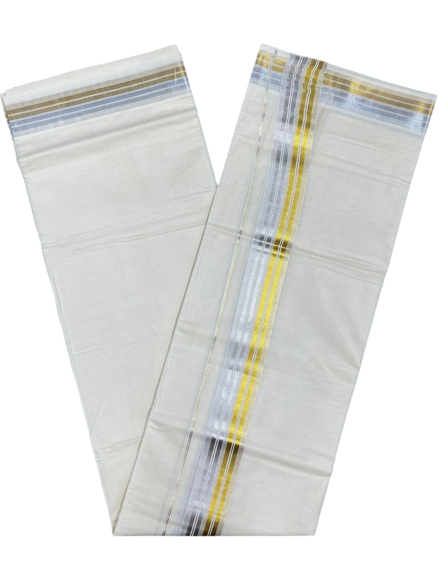 Southloom Kerala Pure Cotton Double Mundu with Silver & Gold Line Border (South Indian Dhoti)