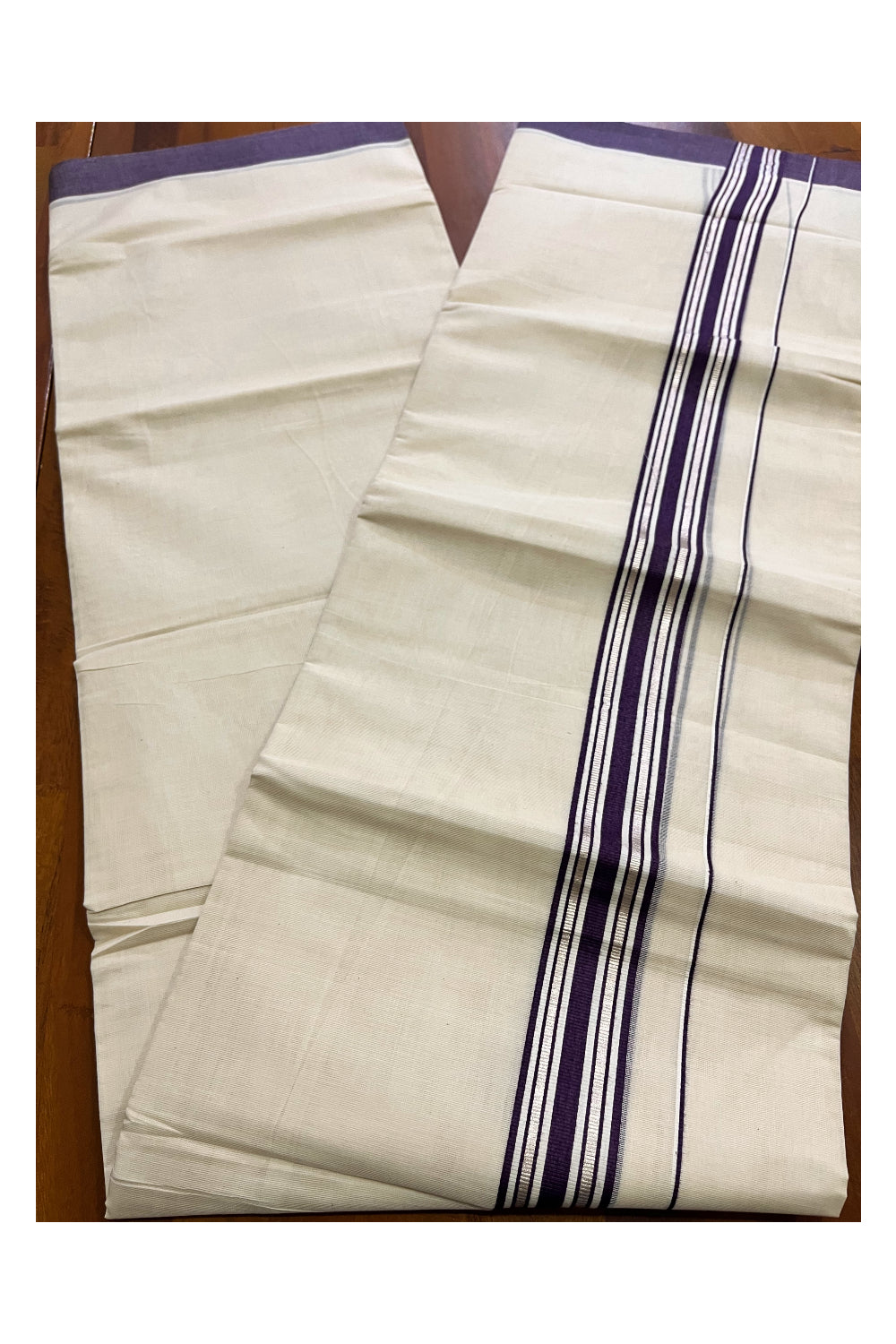 Kerala Pure Cotton Double Mundu with Silver Kasavu and Purple Border (Vishu 2024 Collection)