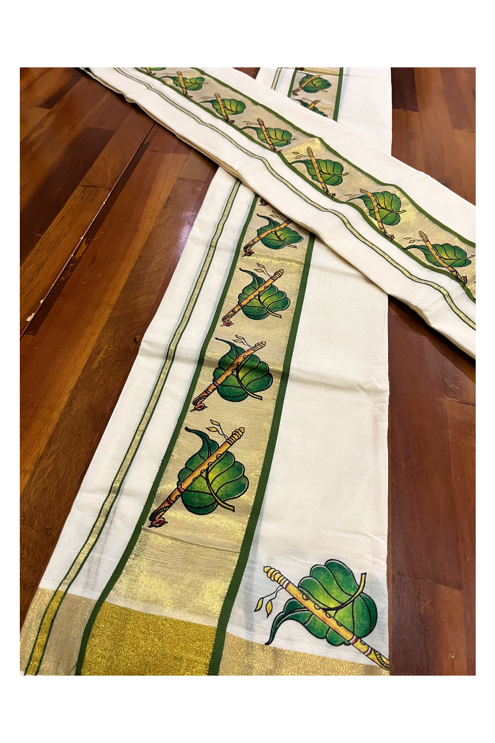 Kerala Cotton Single Set Mundu (Mundum Neriyathum) with Leaf and Flute Block Prints on Kasavu Olive Green Border