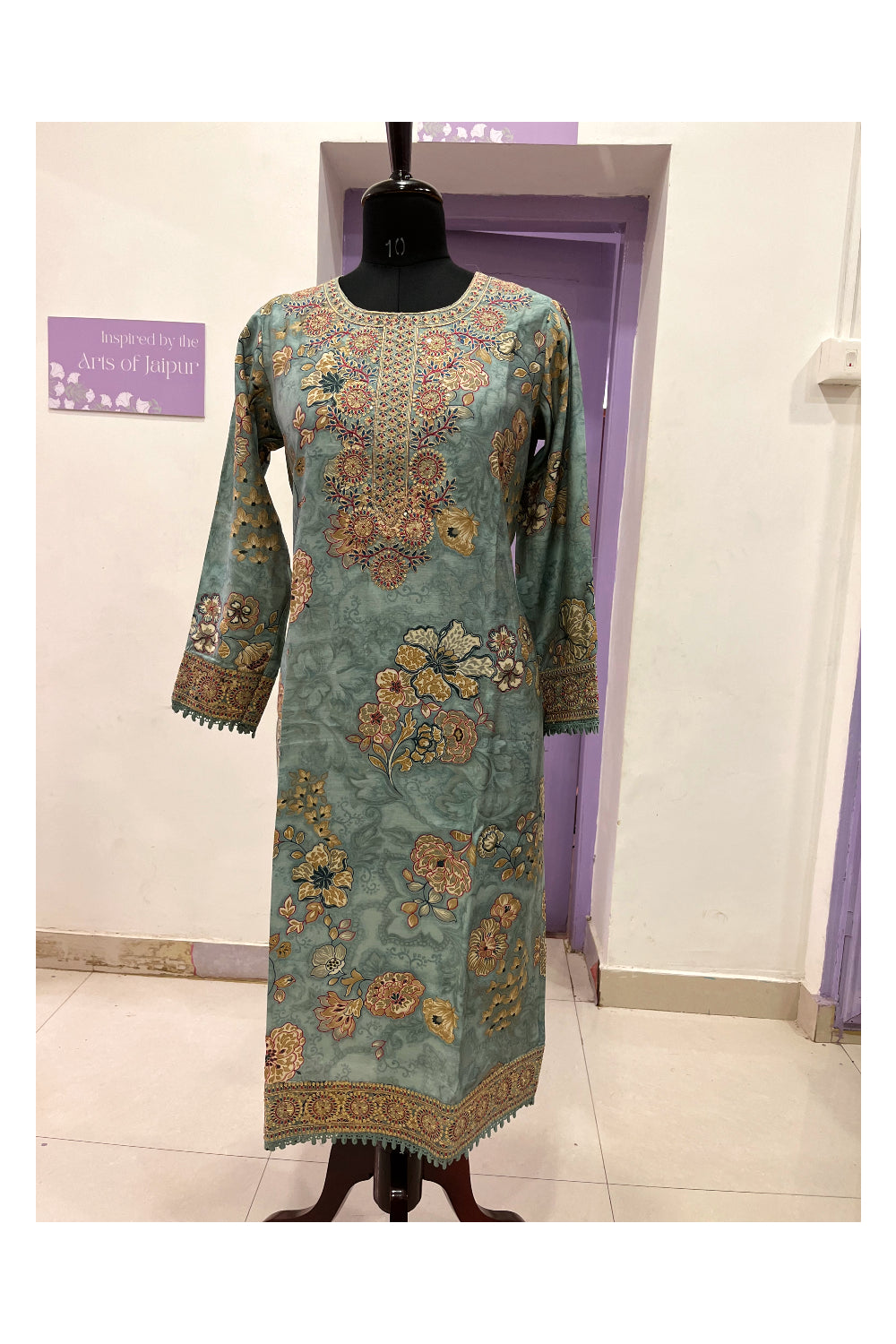 Southloom Stitched Semi Silk Blue Salwar Set with Heavy Thread Works in Yoke
