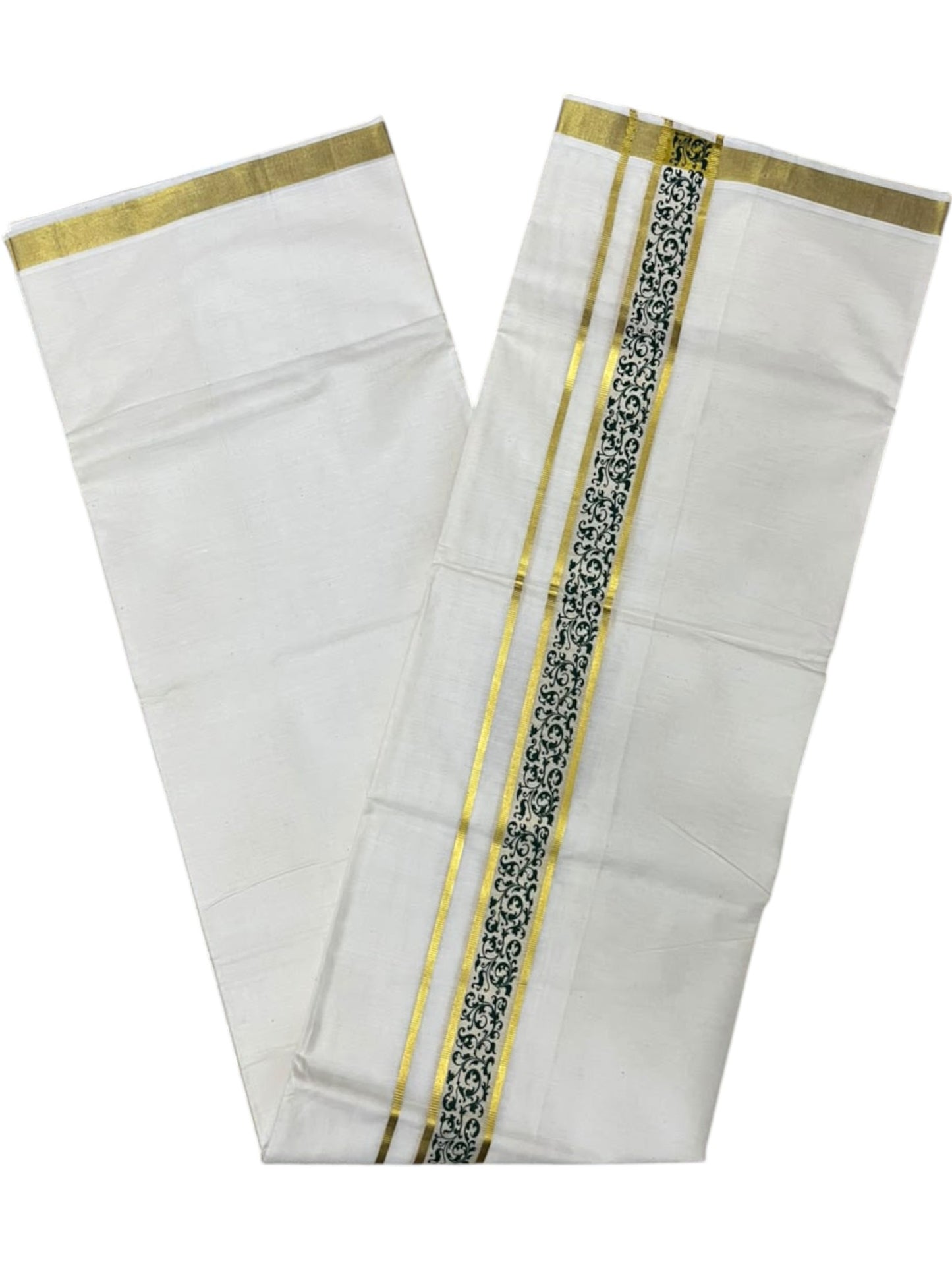 Southloom Pure Cotton Double Mundu with Green Block Printed And Ksavu Border (South Indian Kerala Dhoti)