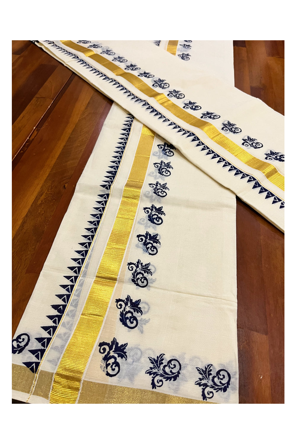 Kerala Pure Cotton Kasavu Set Mundu Single (Mundum Neriyathum) with Blue Block Prints and Temple Border 2.80 Mtrs