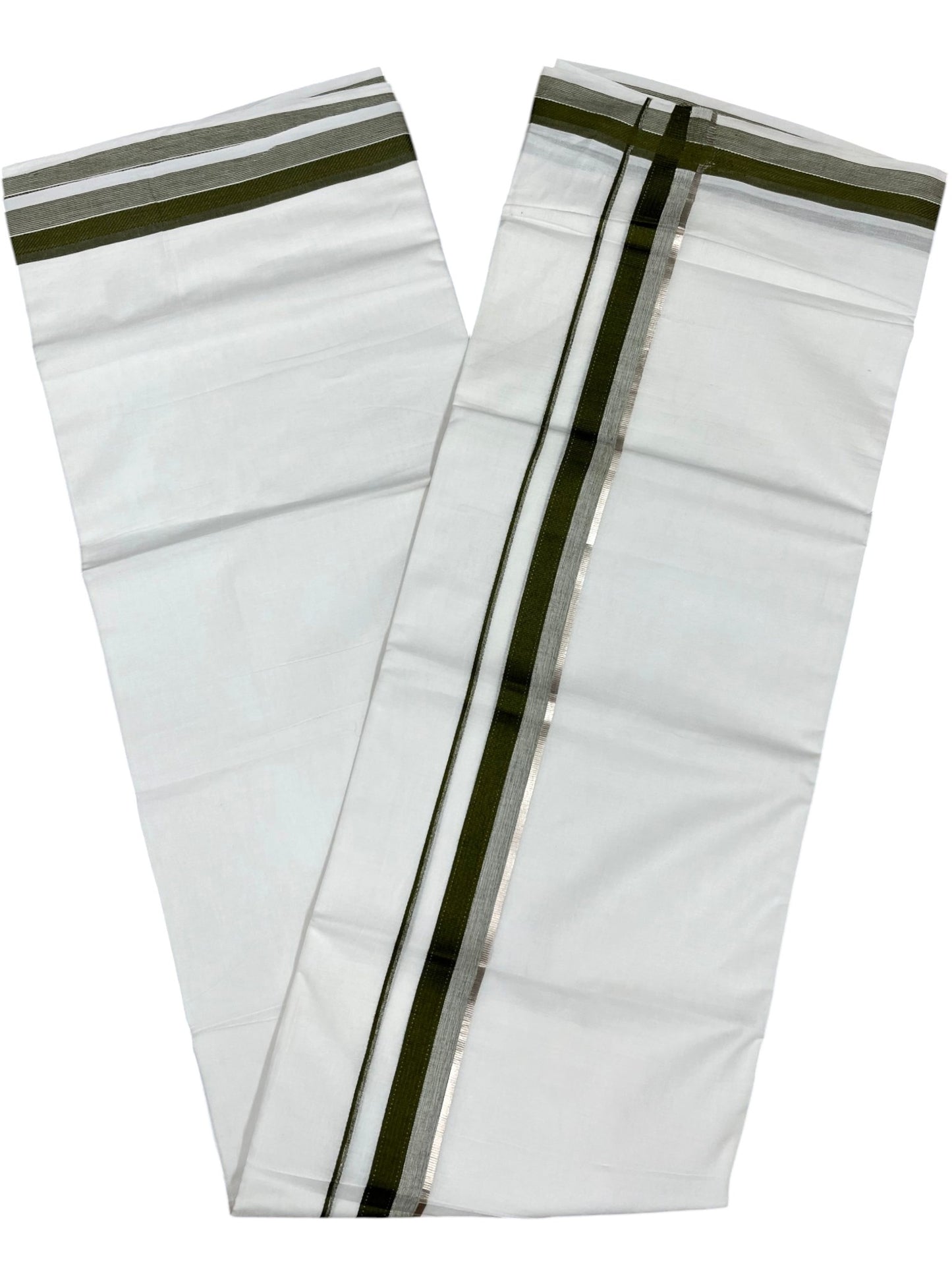 Southloom Pure White Cotton Mundu with Silver Line & Olive Green Border (South Indian Kerala Dhoti)