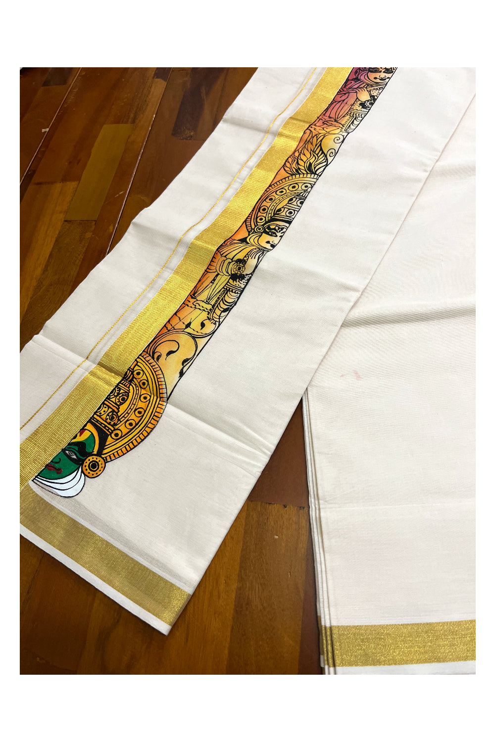 Kerala Pure Cotton Double Mundu with Kathakali Mural Hand Painted Design on Kasavu Border (South Indian Kerala Dhoti)