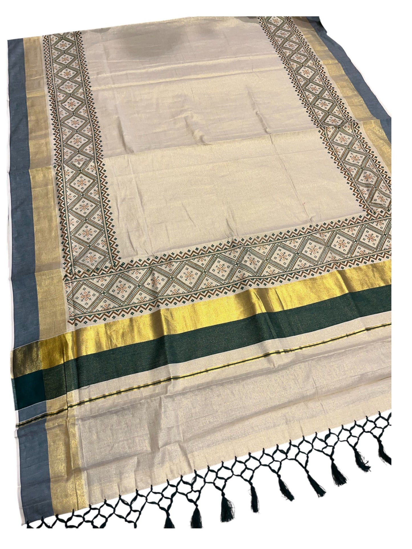 Southloom Kerala Tissue Kasavu Saree Green Hand Printed