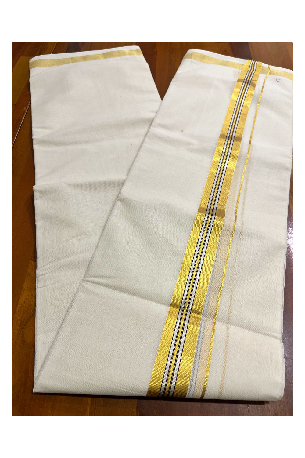 Premium Balaramapuram Handloom Unakkupaavu Cotton Double Mundu with Silver and Golden Kasavu Border (Onam 2024 Collection)