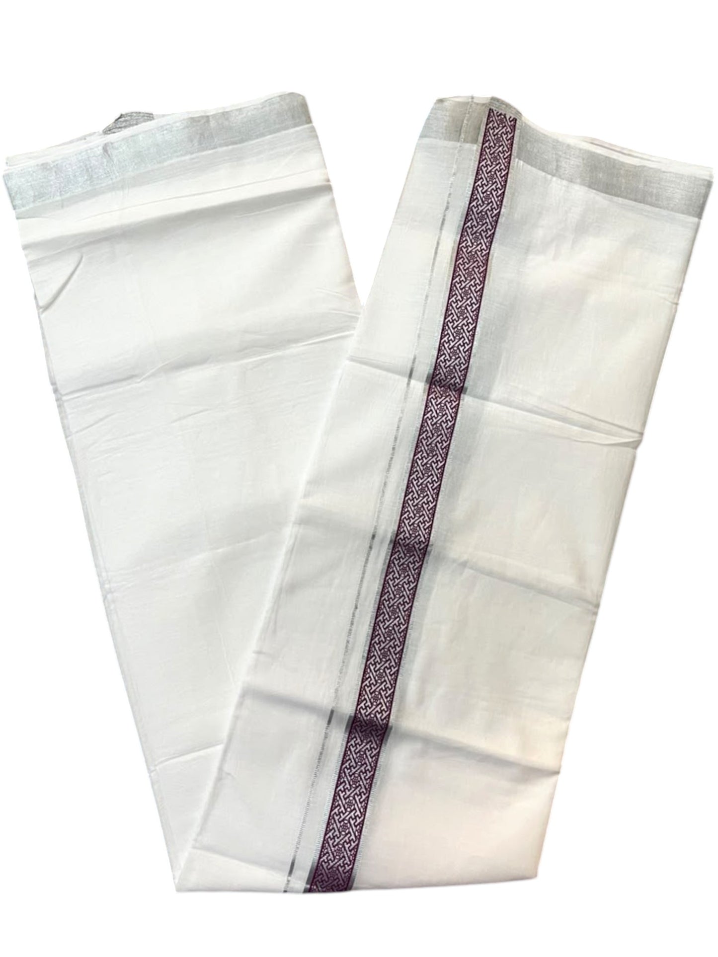 Southloom Pure White Cotton Mundu with Purple and Silver Kasavu Border (South Indian Kerala Dhoti)
