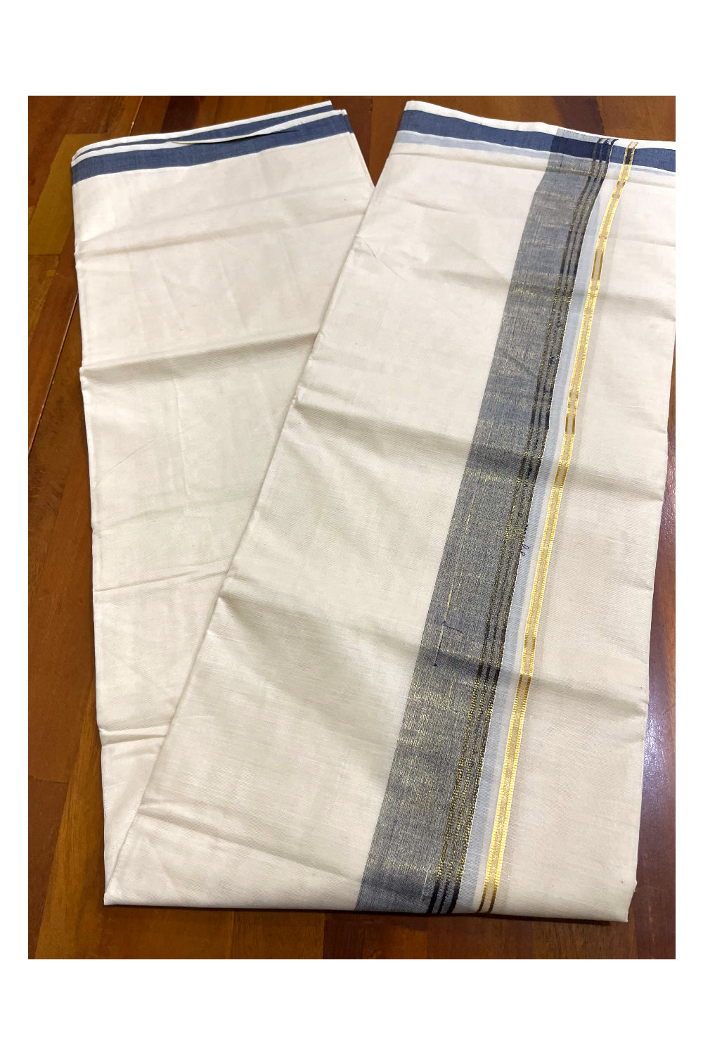 Off White Kerala Cotton Double Mundu with Kasavu and Navy Blue Border (South Indian Kerala Dhoti)