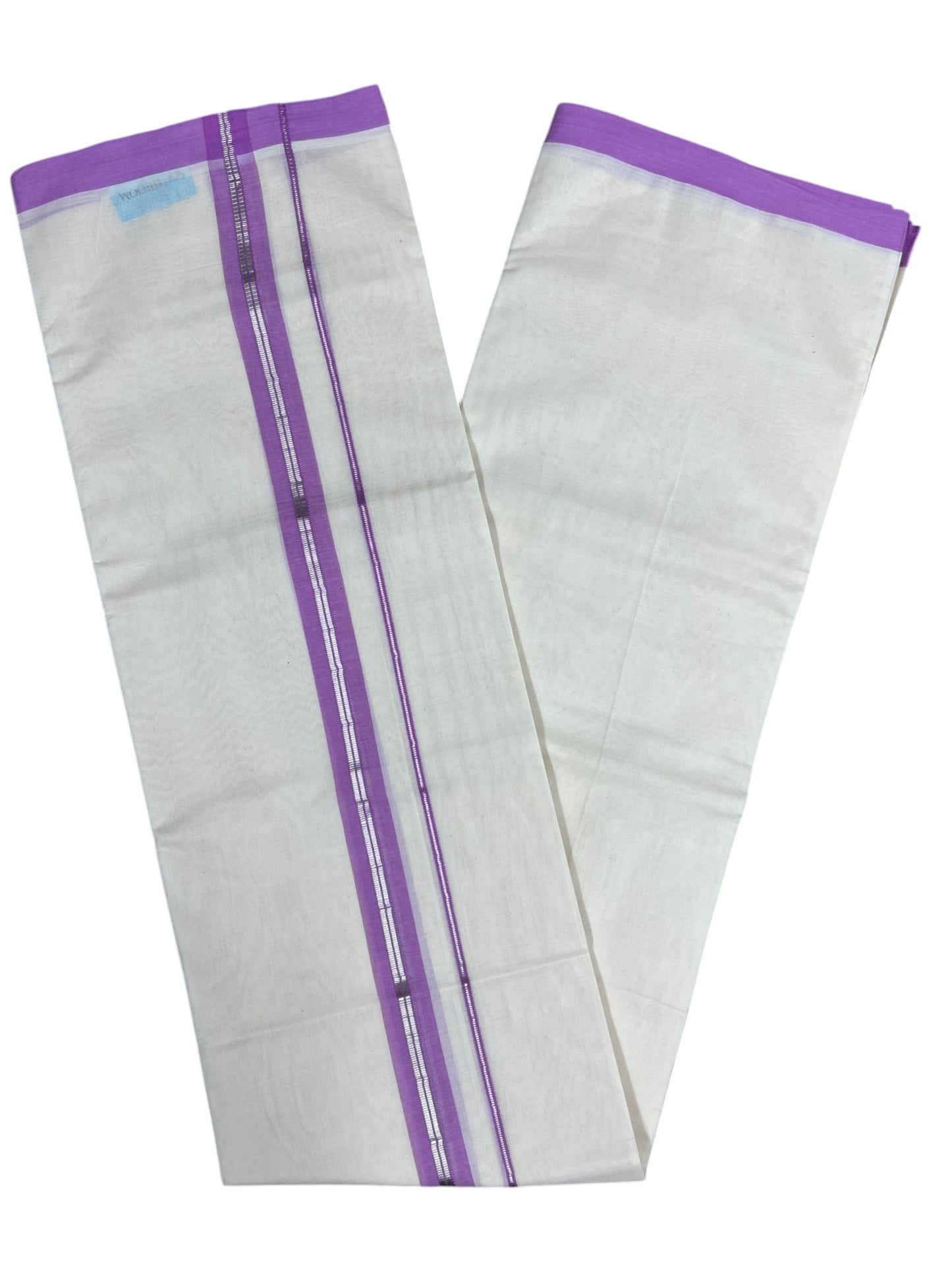 Southloom Pure Cotton Mundu with Silver Lines and Lavander Border (South Indian Kerala Dhoti)