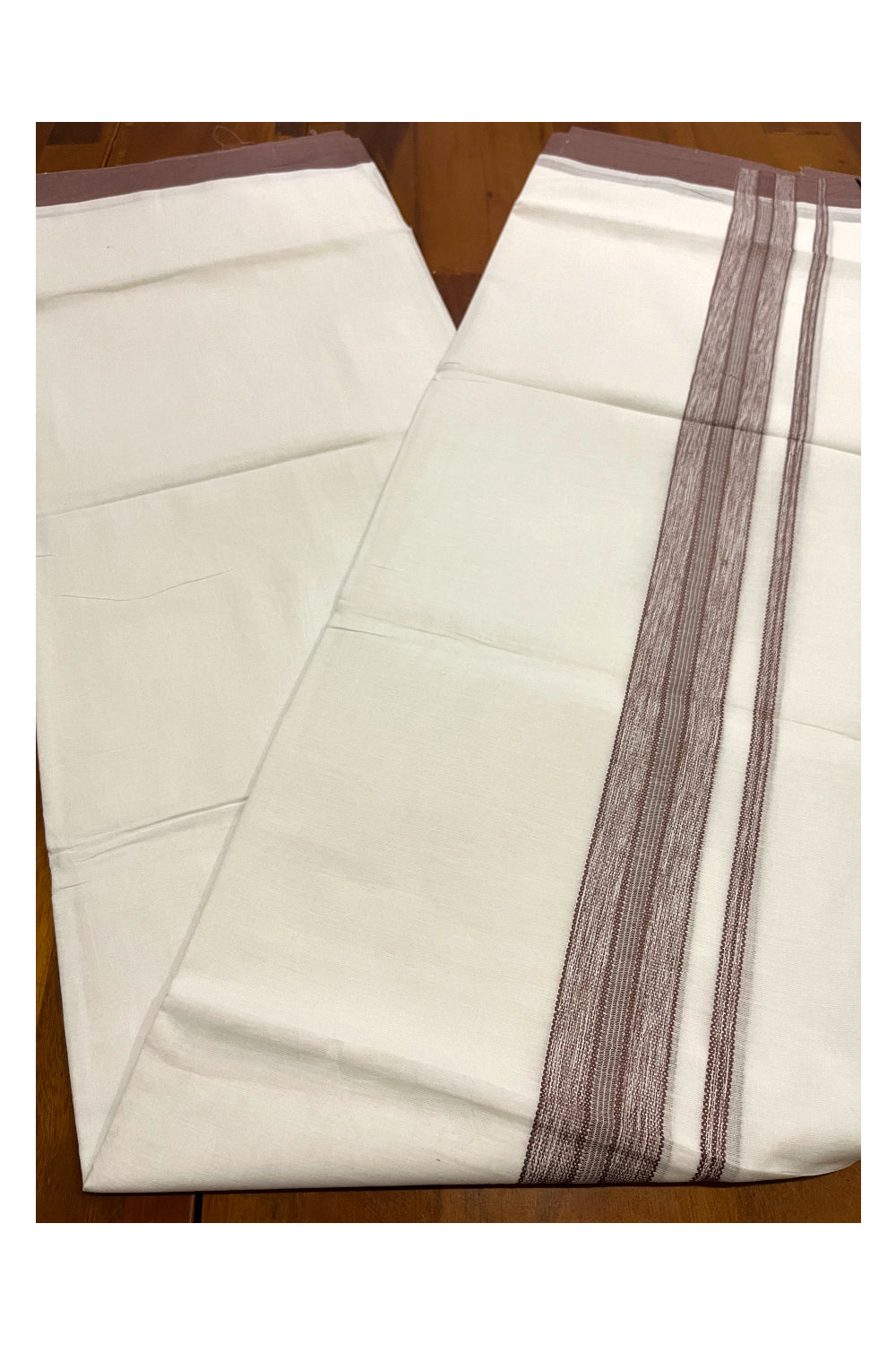 Pure White Cotton Double Mundu with Brown Border (South Indian Kerala Dhoti)