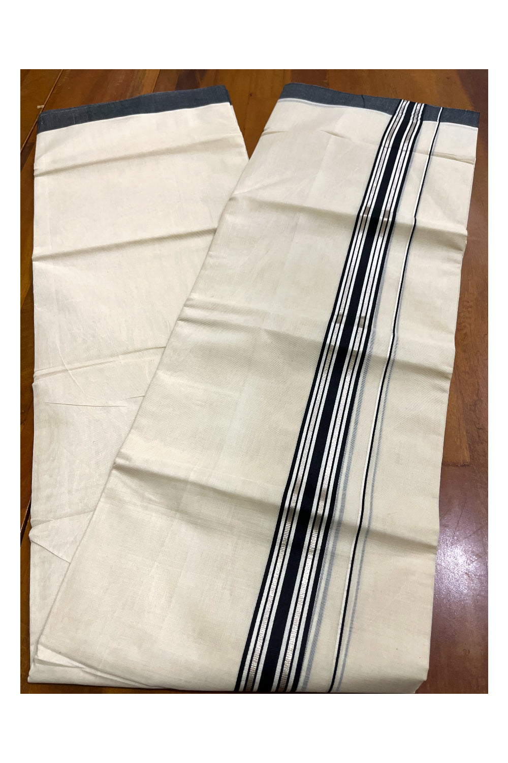 Kerala Pure Cotton Double Mundu with Silver Kasavu and Black Border (South Indian Kerala Dhoti)