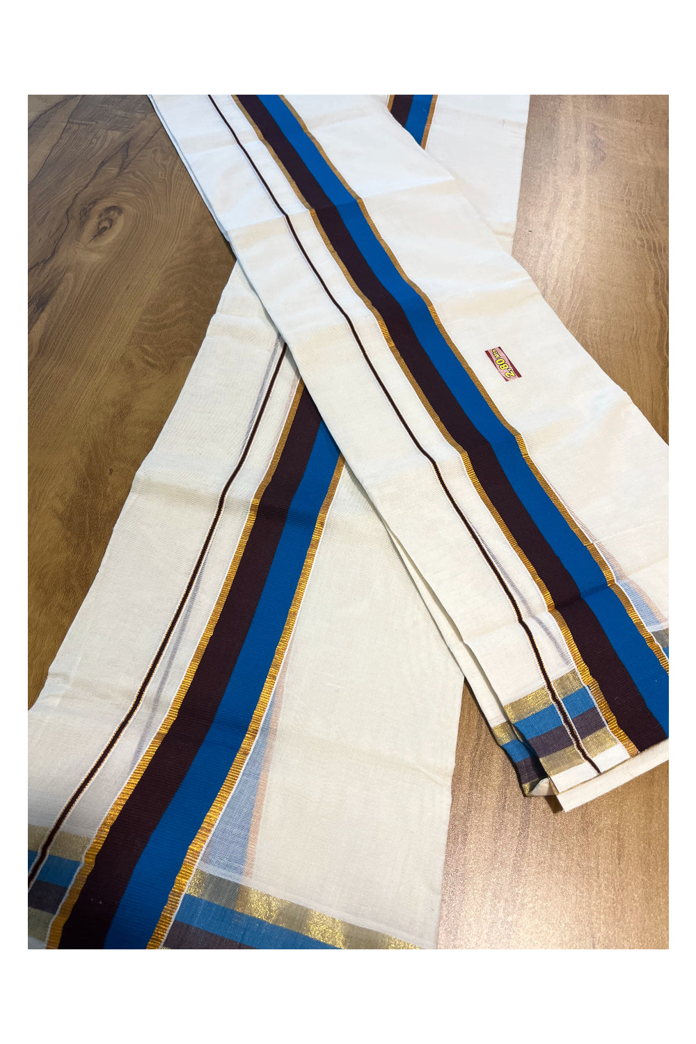 Kerala Cotton Kasavu Set Mundu (Mundum Neriyathum) with Blue and Brown Border 2.80 Mtrs