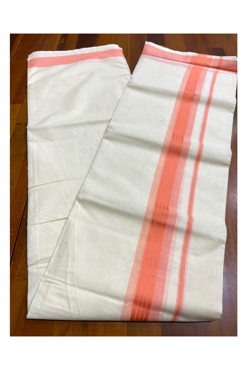 Off White Pure Cotton Kerala Mundu with Peach Kara (South Indian Kerala Dhoti)