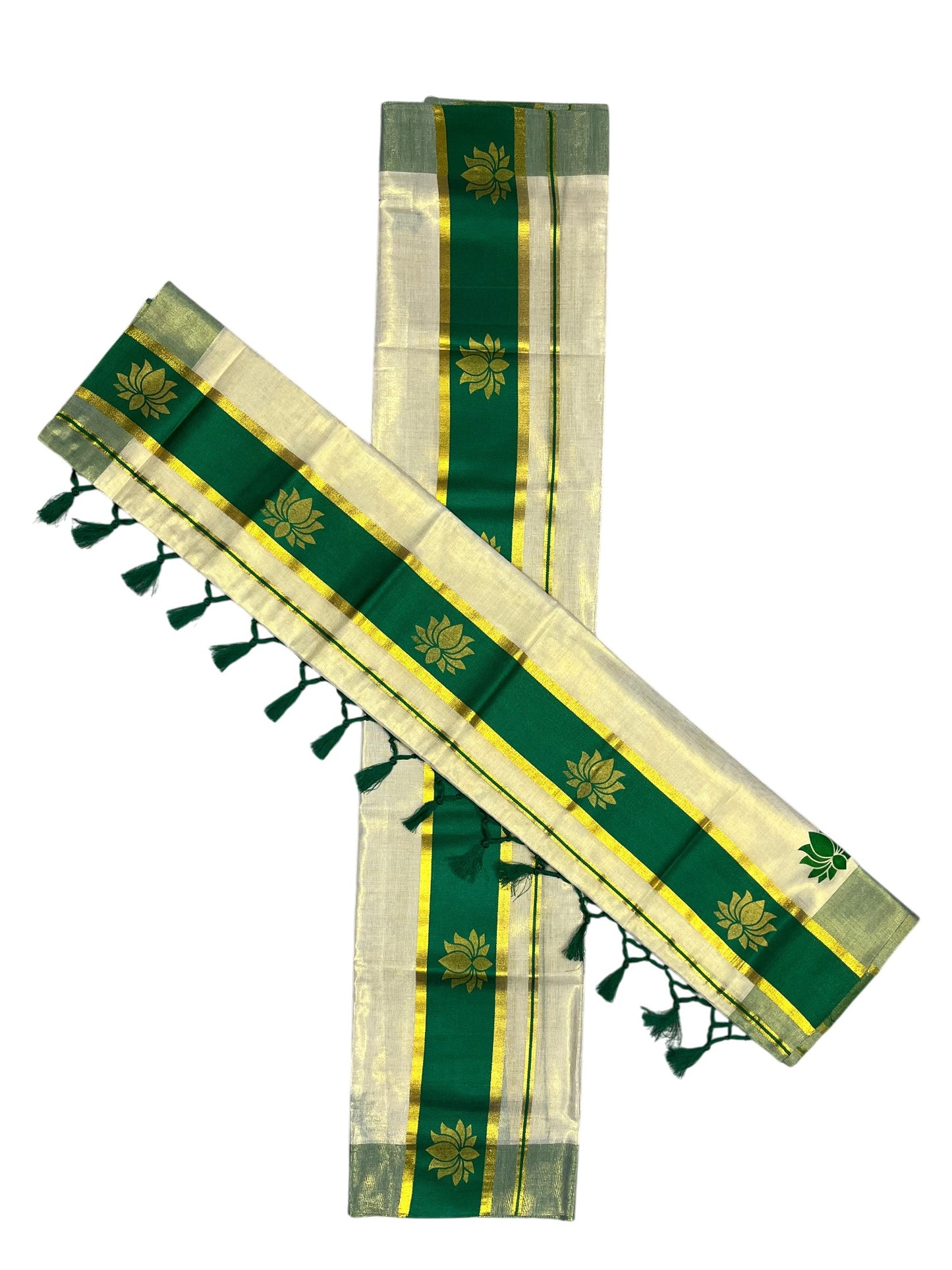 Southloom Kerala Cotton Kasavu Single Set Mundu (Mundum Neriyathum) with Lotus Design in Green