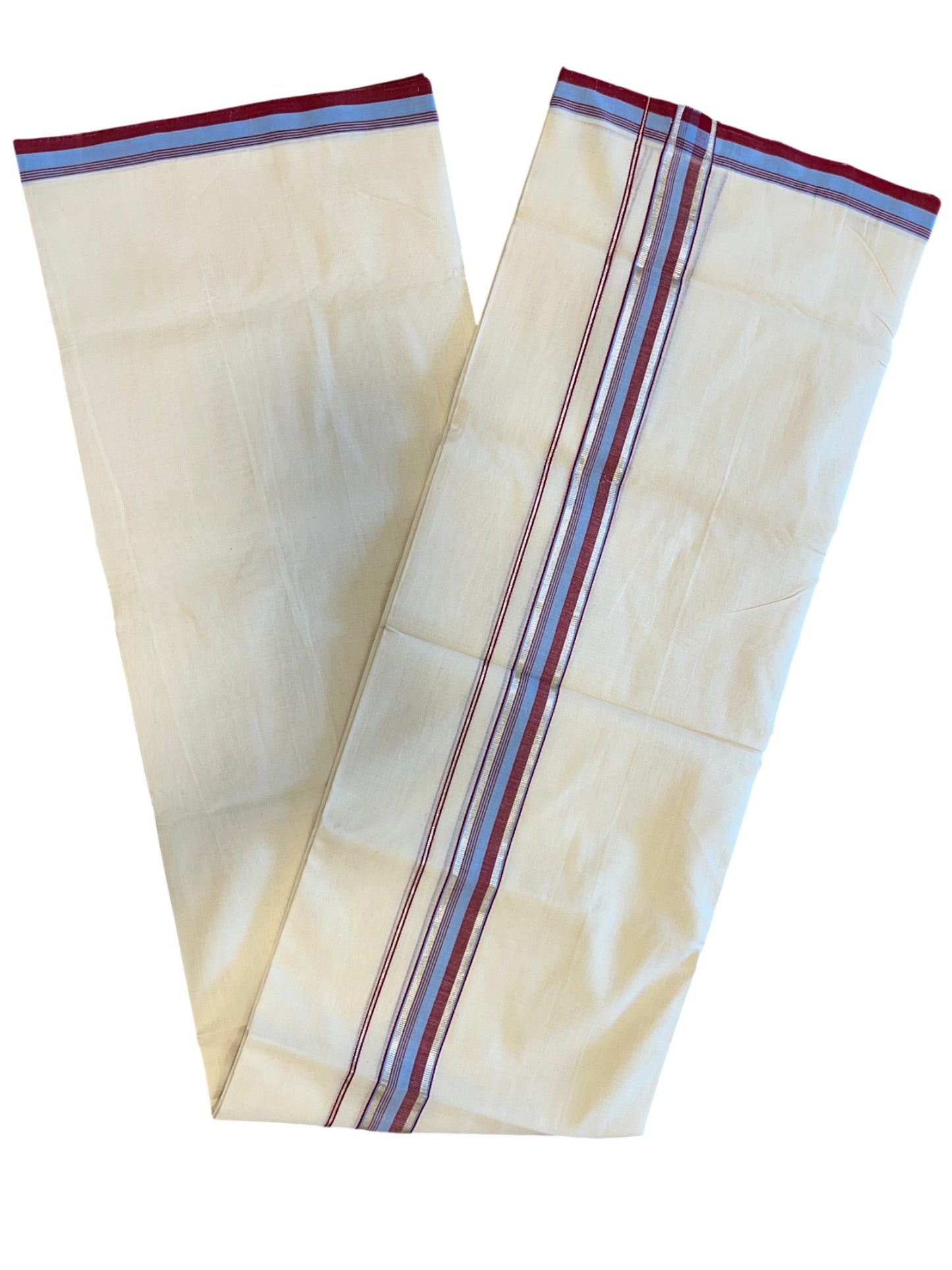 Southloom Premium Handloom Cotton Double Mundu with Red and Blue Border
