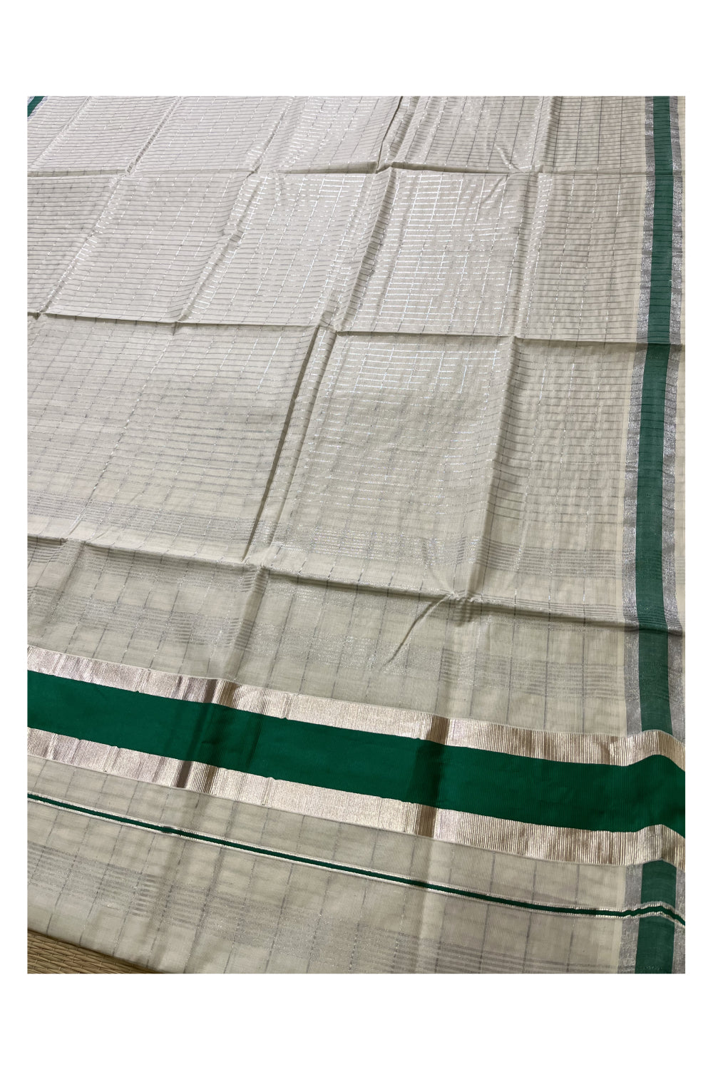 Kerala Pure Cotton Silver Kasavu Check Designs Saree with Green Border