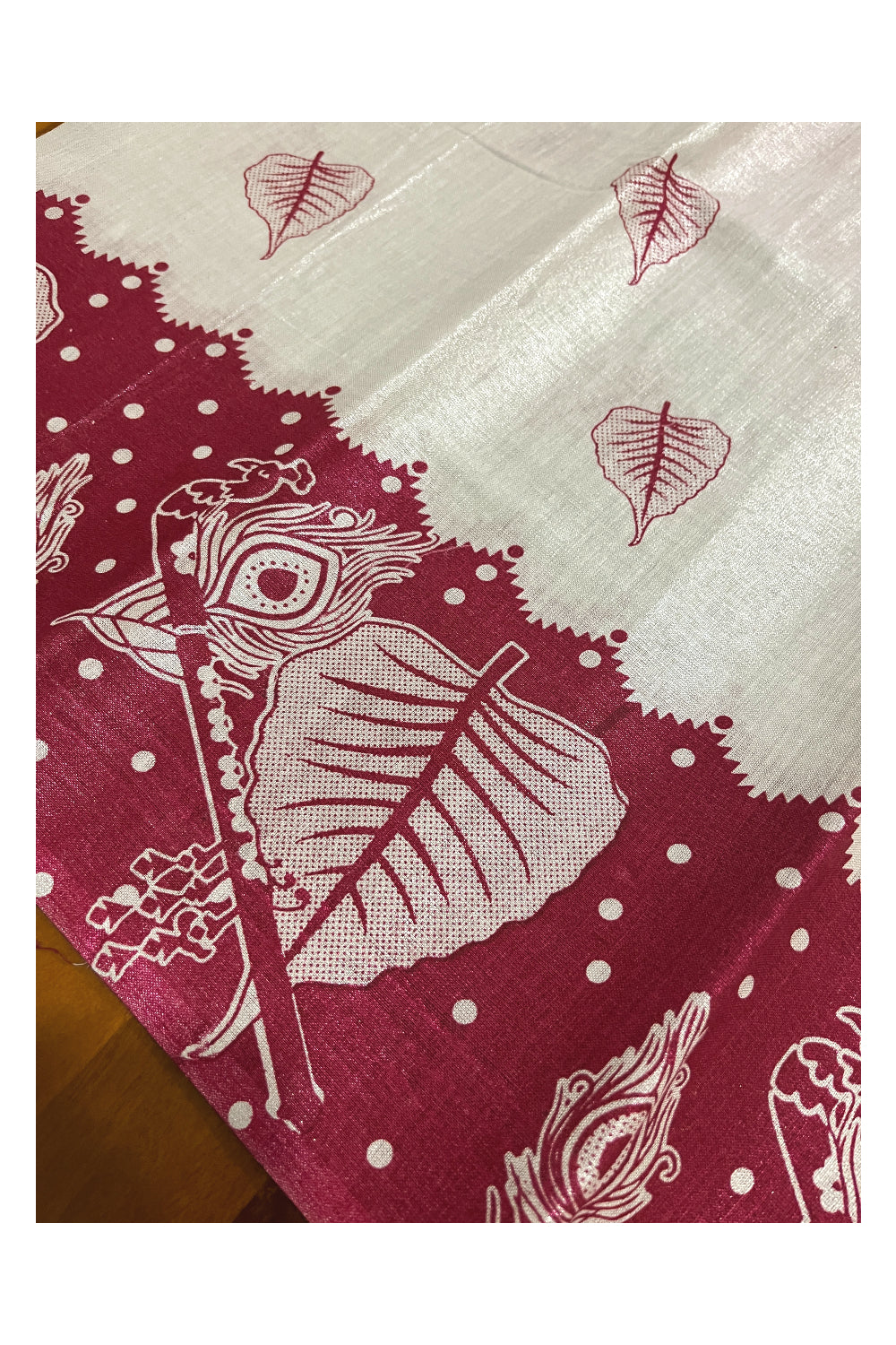 Kerala Silver Tissue Block Printed Pavada and Red Designer Blouse Material for Kids/Girls 4.3 Meters