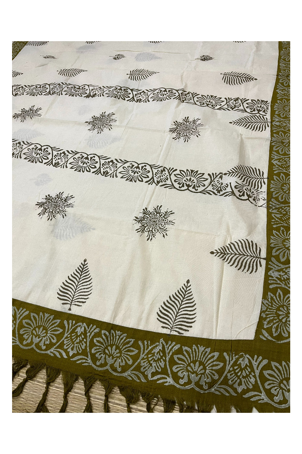 Pure Cotton Onam 2023 Kerala Saree with Hand Block Olive Green Batik Prints