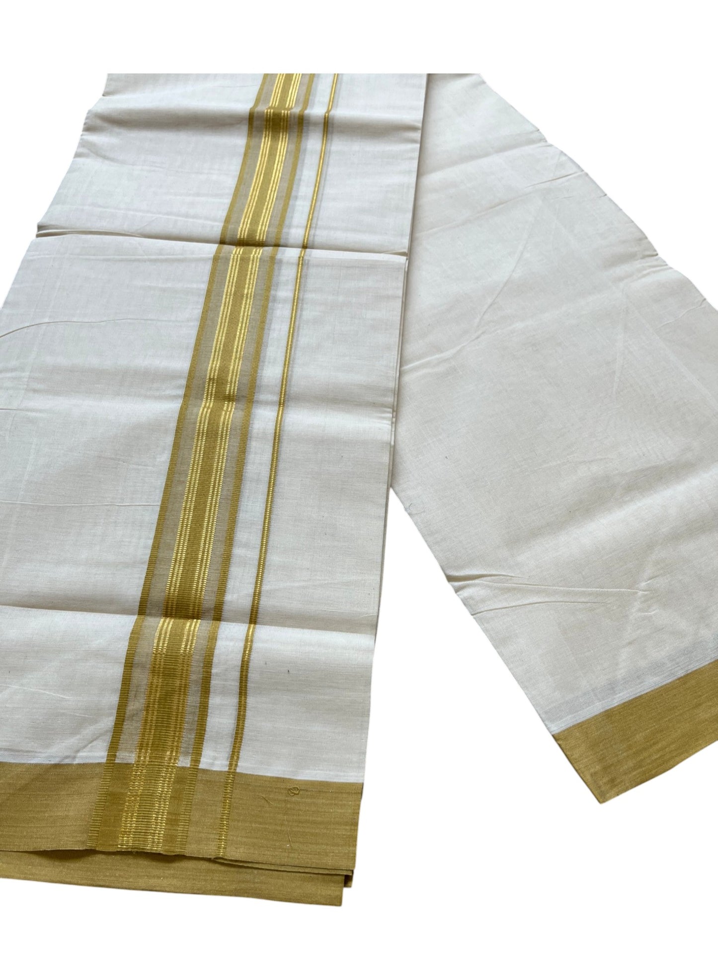Southloom Pure Cotton Mundu with Golden Lines and Olive Green Border (South Indian Kerala Dhoti)