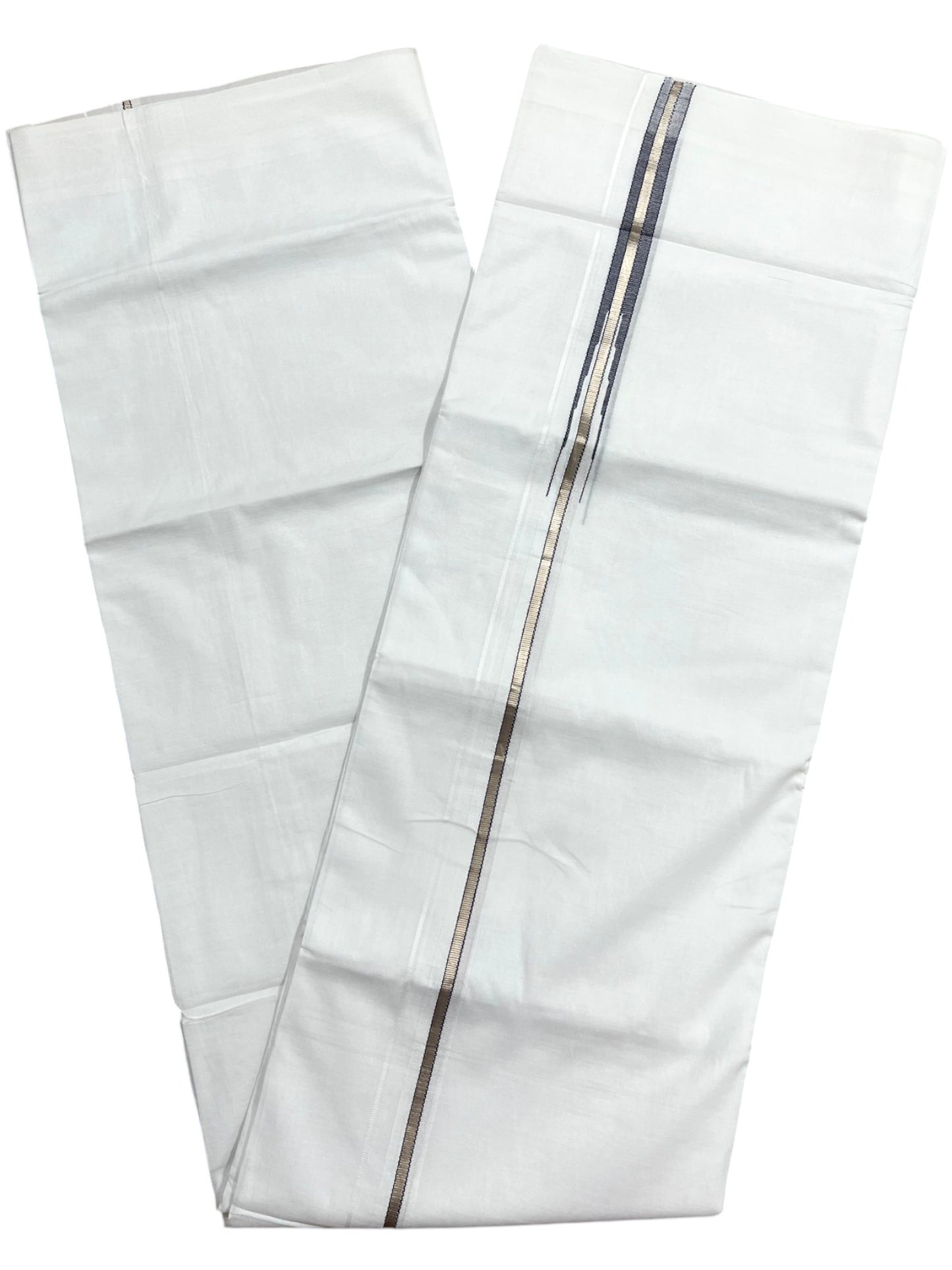 Pure White Cotton Double Mundu with Silver and Blue Chutti Kara (South Indian Dhoti)