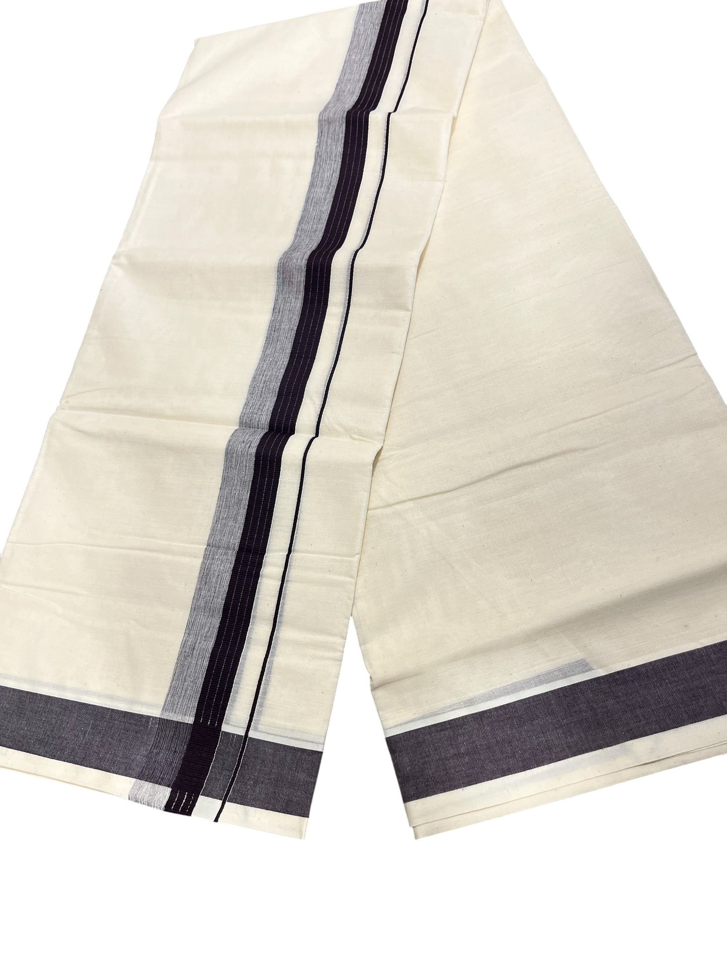 Southloom Kerala Pure Cotton Double Mundu with Grey Lines & Purple Border (South Indian Dhoti)